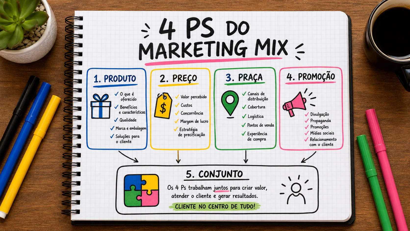 4Ps do marketing mix em uma cena editorial sobre decisão, mensagem e comportamento de compra.