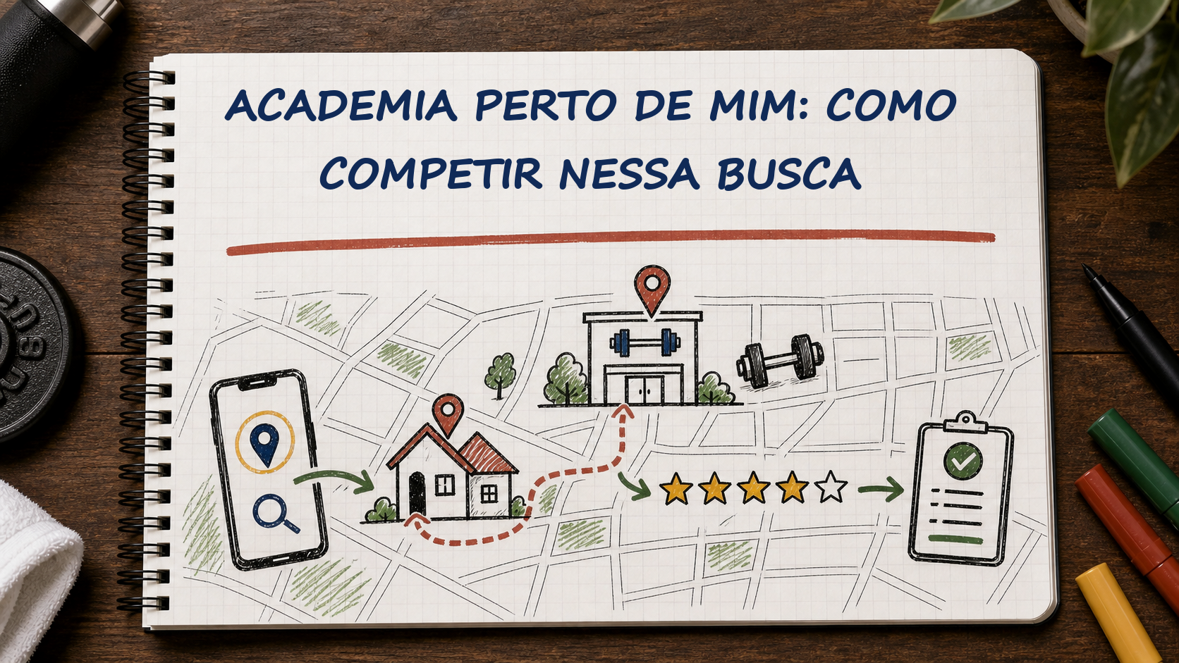 Caderno com guia visual sobre academia perto de mim para gestores de academias