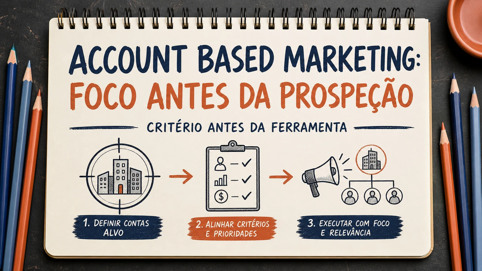 Account based marketing organizado em uma capa editorial com critérios, canais e próximos passos.