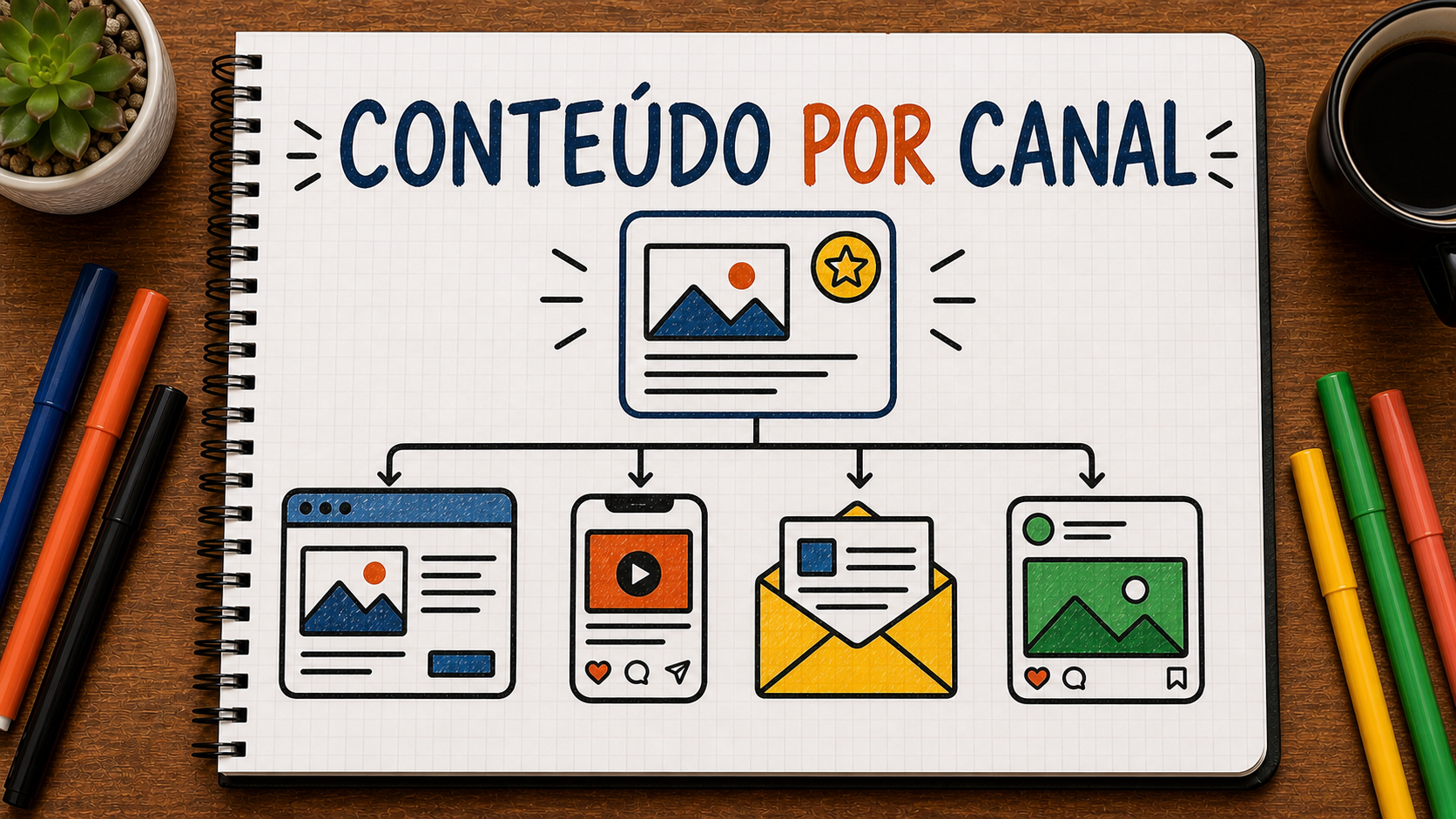 Caderno ilustrado sobre adaptar conteúdo por canal, mostrando função, formato, mensagem, ação
