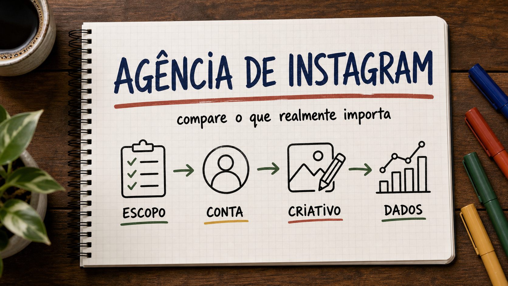 Caderno ilustrado sobre agência de anúncios no Instagram, com etapas de campanha, atendimento e venda
