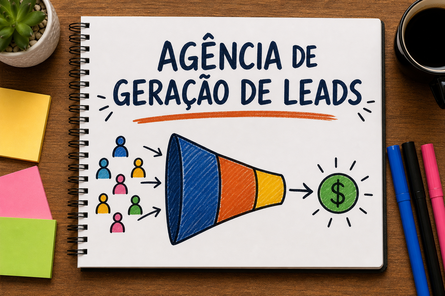Funil desenhado em um caderno separando leads, oportunidades e vendas.