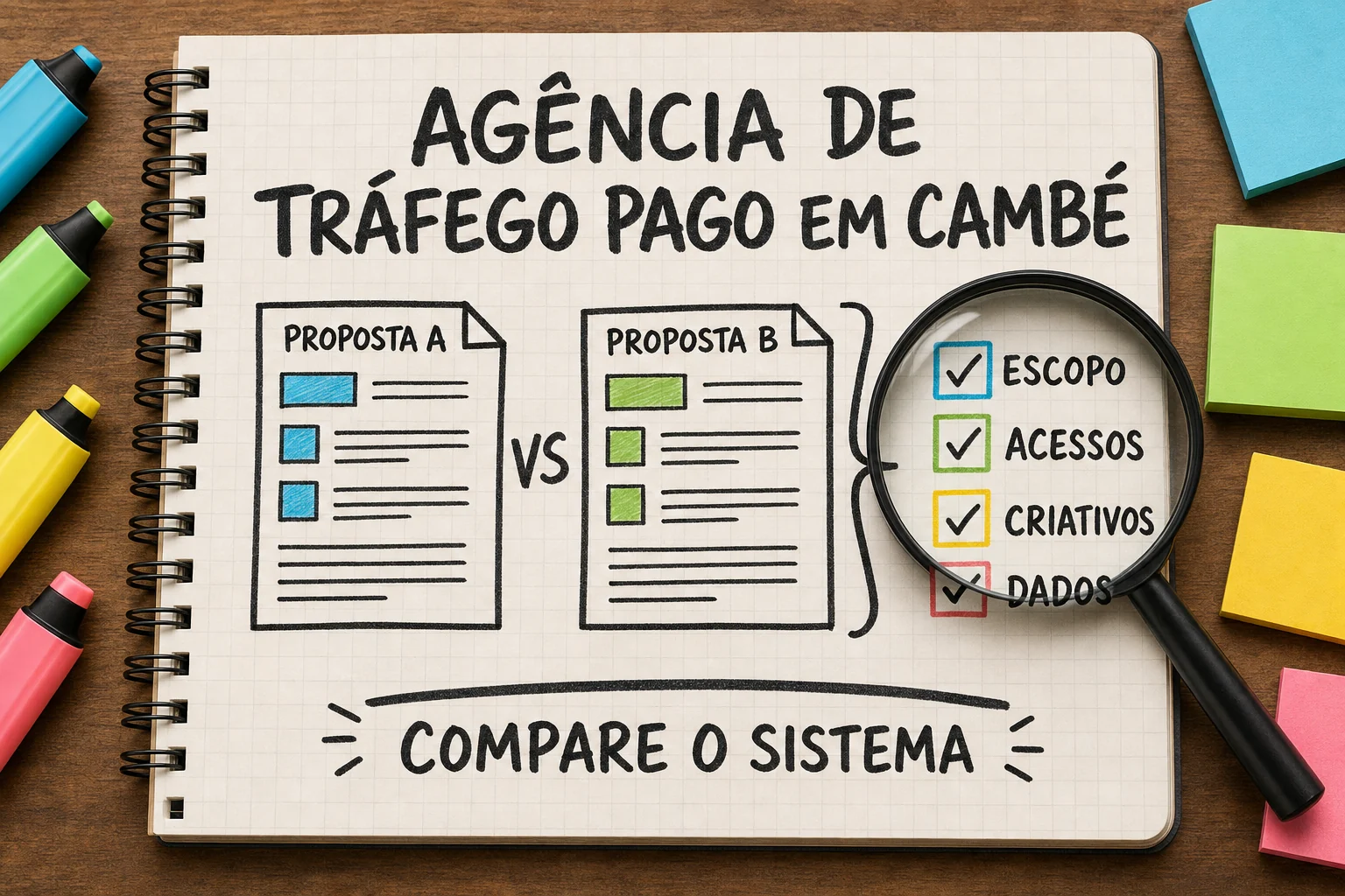 Propostas de agência de tráfego pago em Cambé comparadas por escopo, acessos e dados