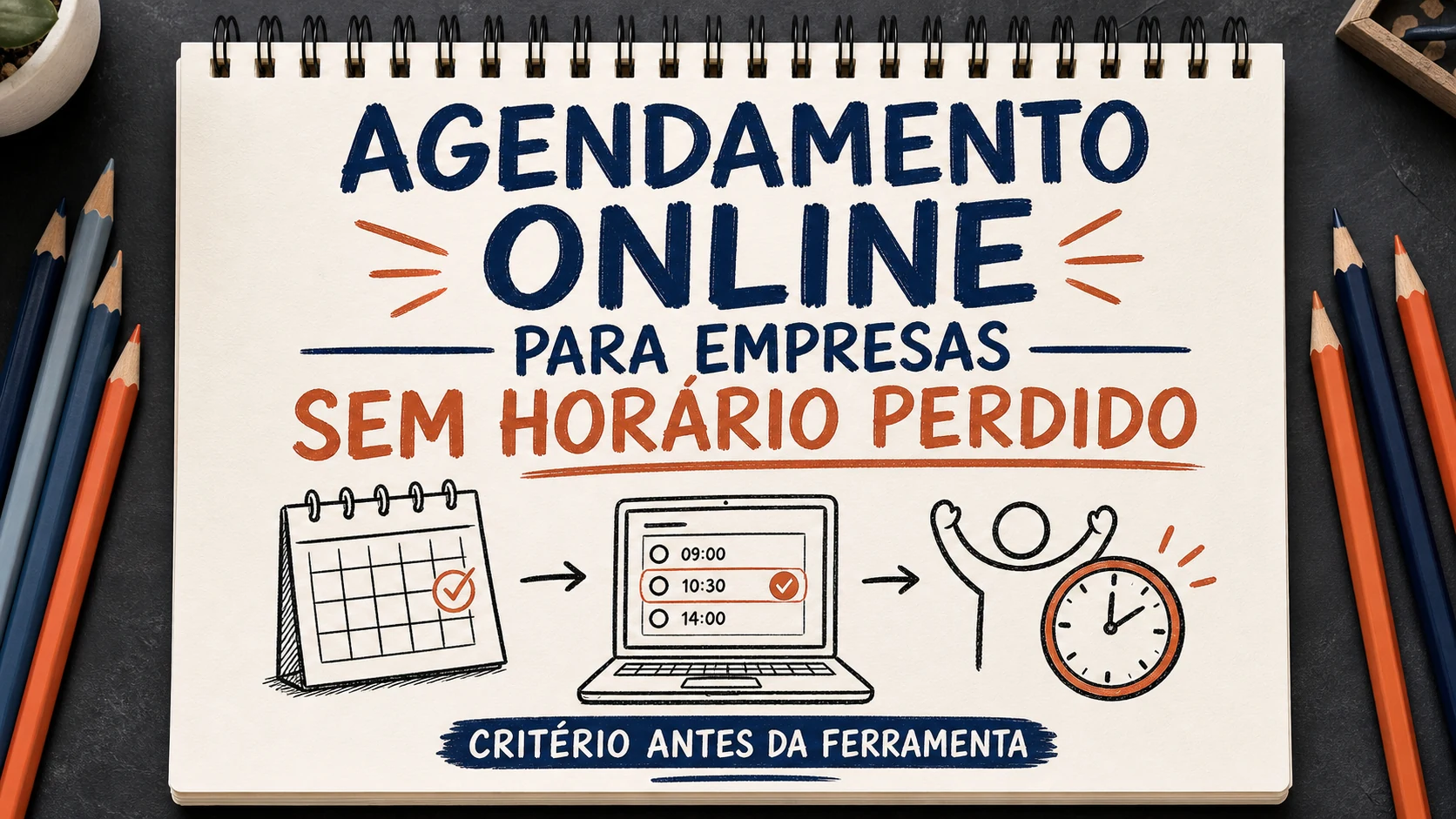 Agendamento online para empresas organizado em uma capa editorial com critérios, canais e próximos passos.