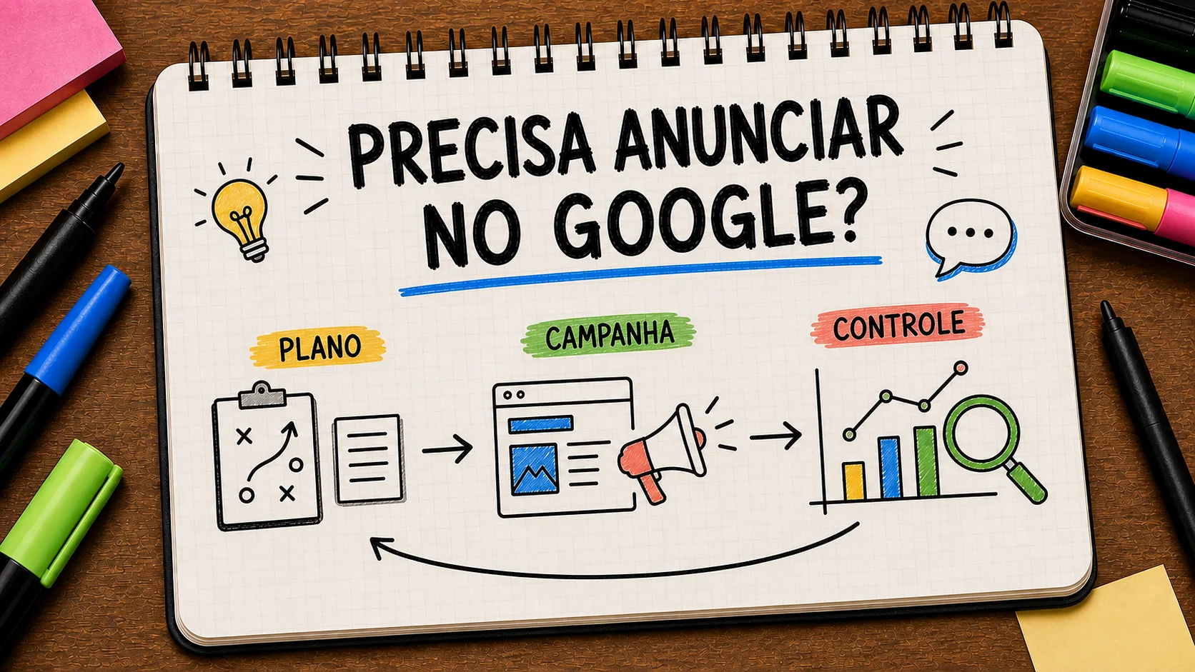 alguém para anunciar minha empresa no Google representado como caminho entre anúncio, contato e