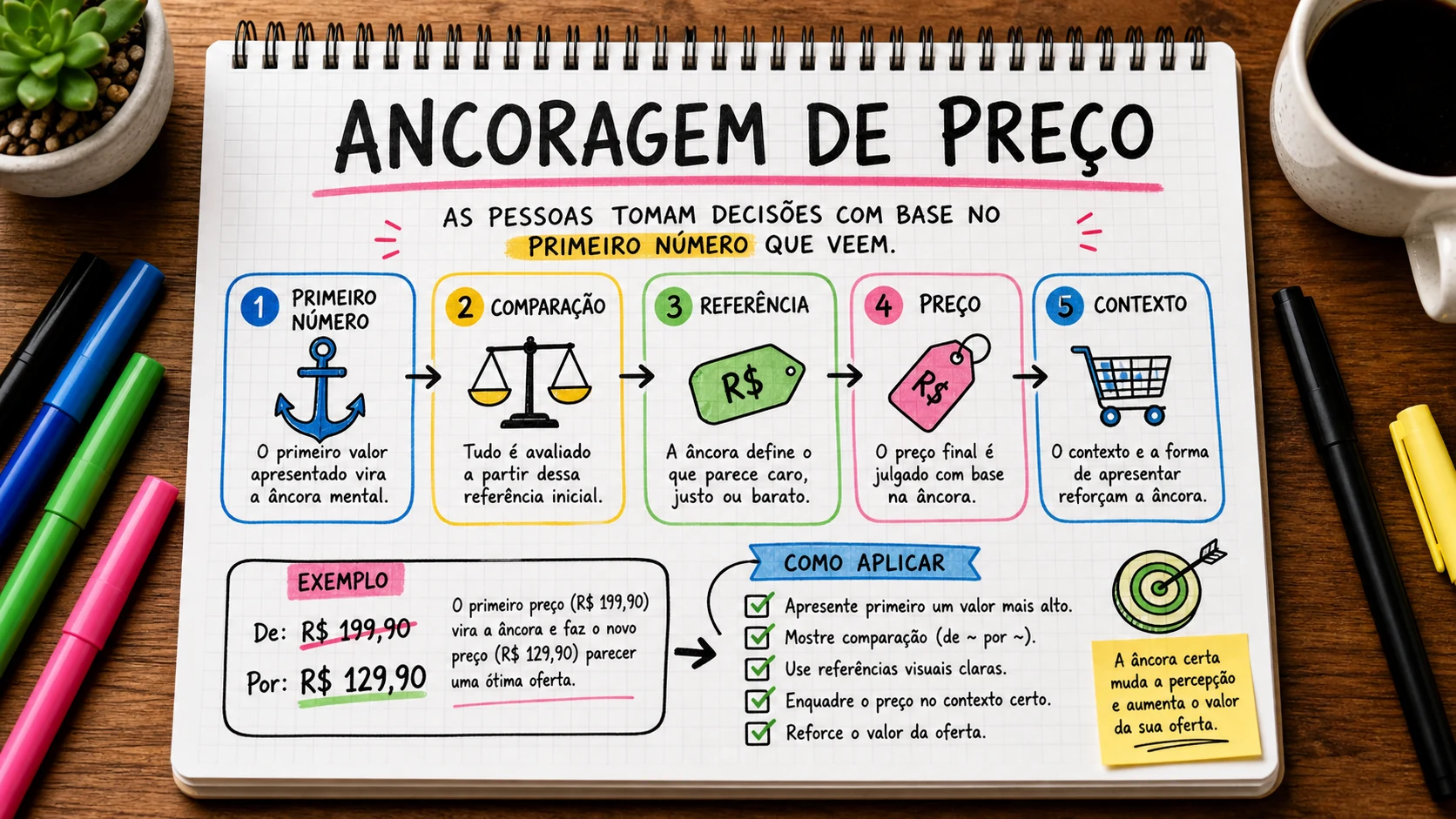 Ancoragem de preço marketing em uma cena editorial sobre decisão, mensagem e comportamento de compra.