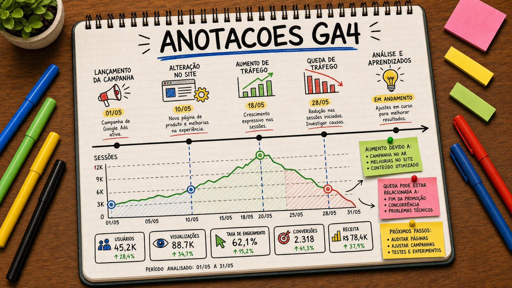 Anotações no GA4 registrando campanhas, mudanças no site e picos de resultado