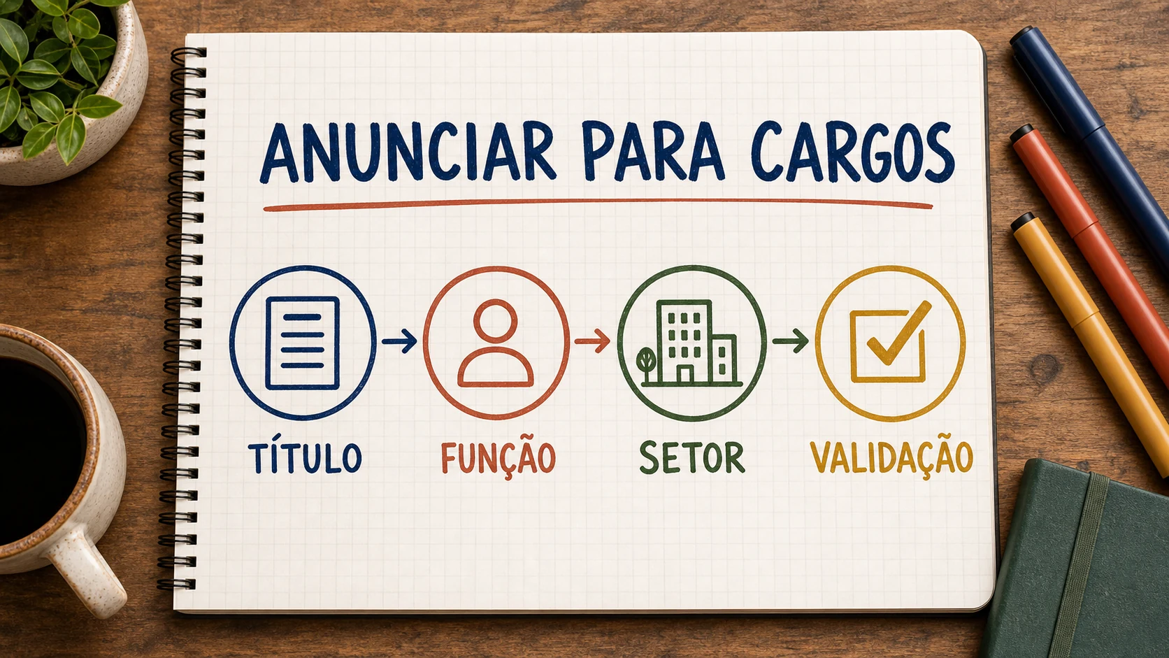 Caderno ilustrado conectando títulos diferentes à mesma função profissional em anúncios no LinkedIn.