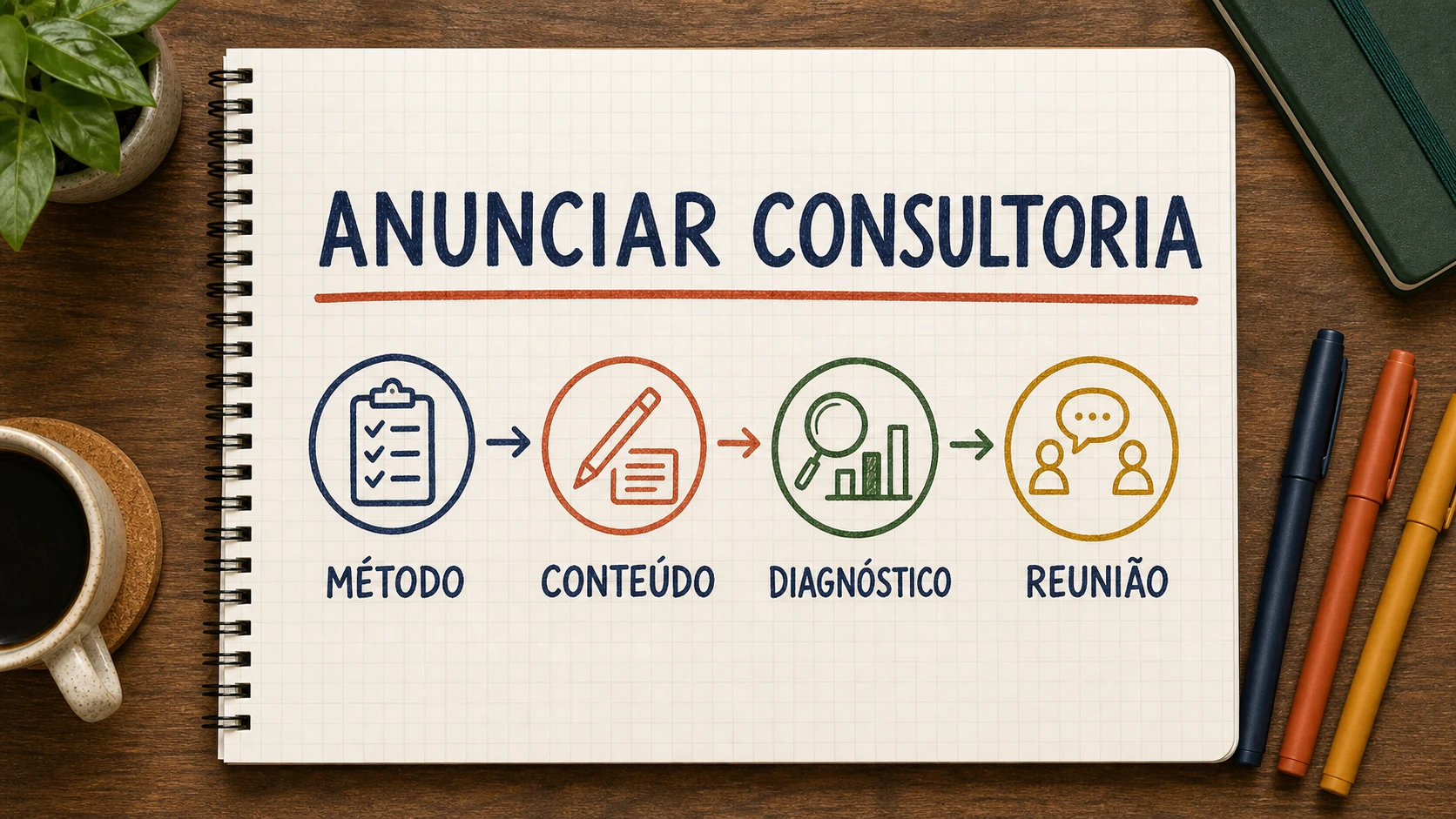 Caderno ilustrado com método, conteúdo, diagnóstico e reunião para anunciar consultoria no LinkedIn.