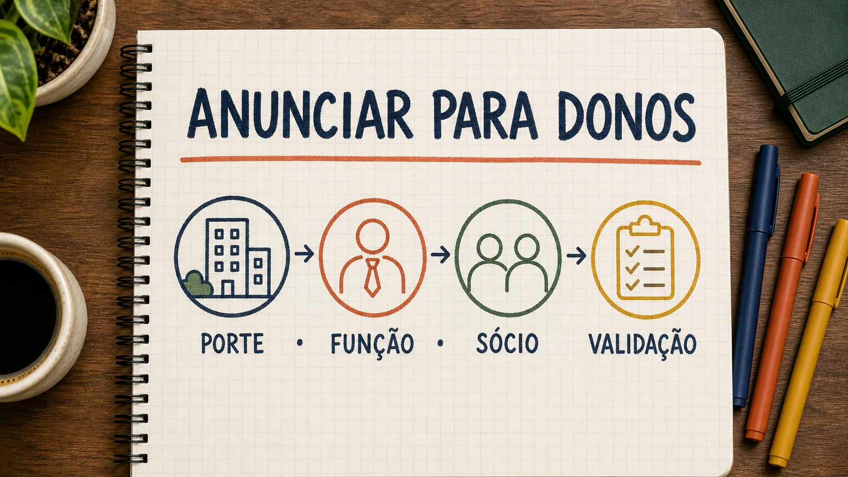 Caderno ilustrado com fundador, sócio e gestor em diferentes portes de empresa para anúncios no LinkedIn.