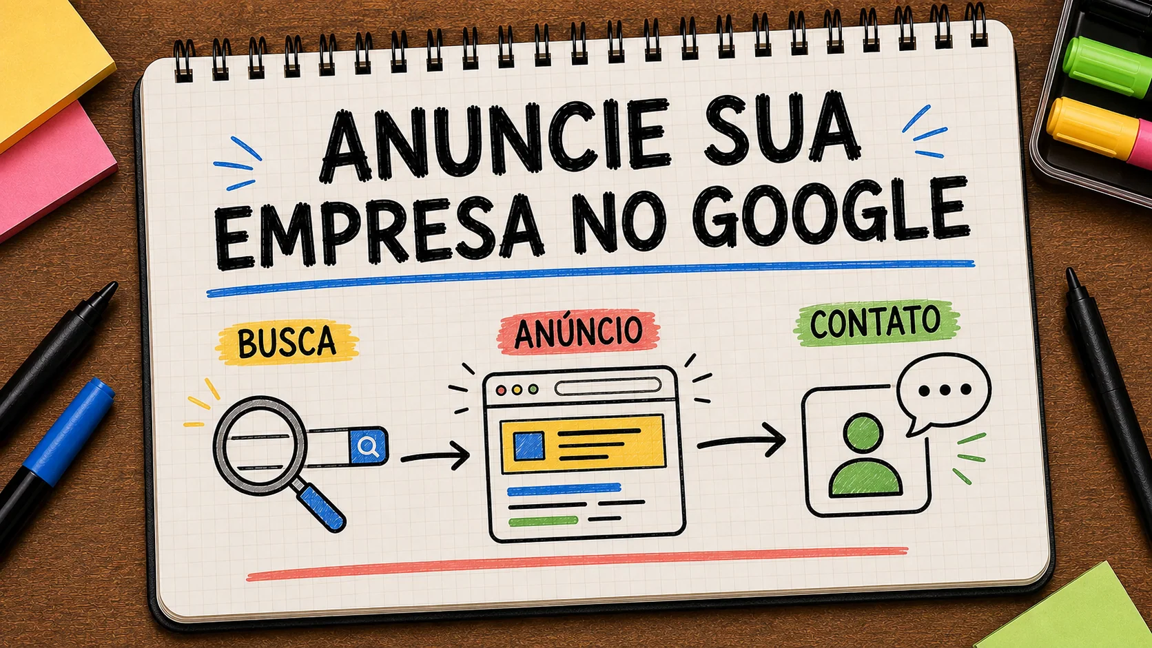 como anunciar minha empresa no Google representado como caminho entre anúncio, contato e