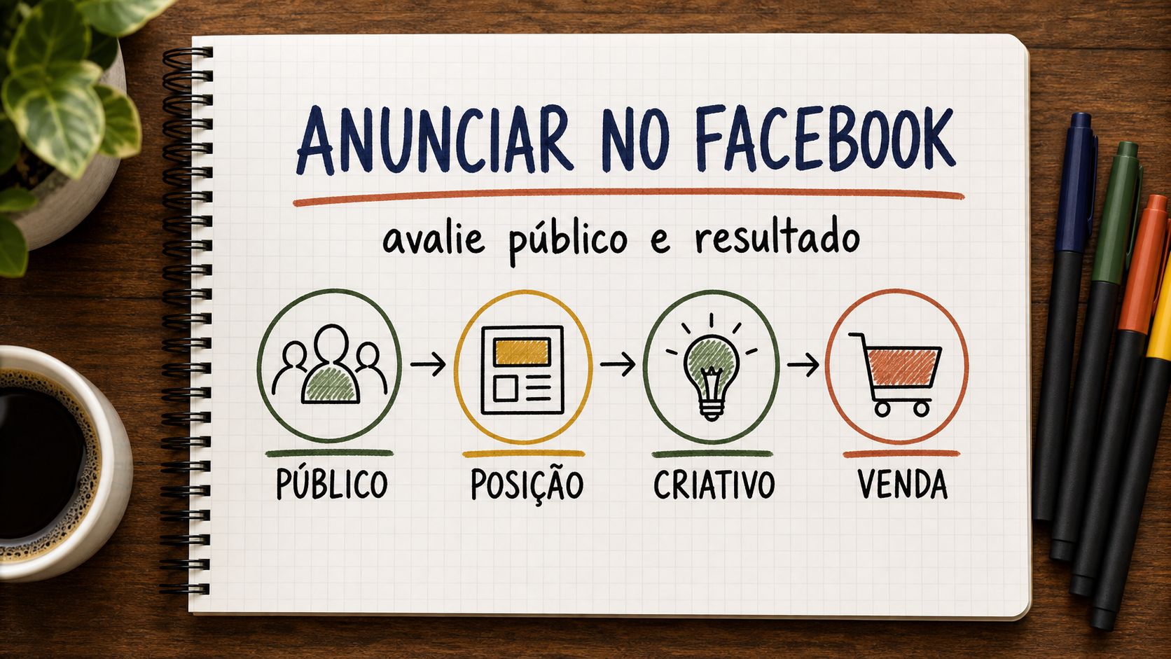 Caderno ilustrado sobre anunciar no Facebook, com etapas de campanha, atendimento e venda