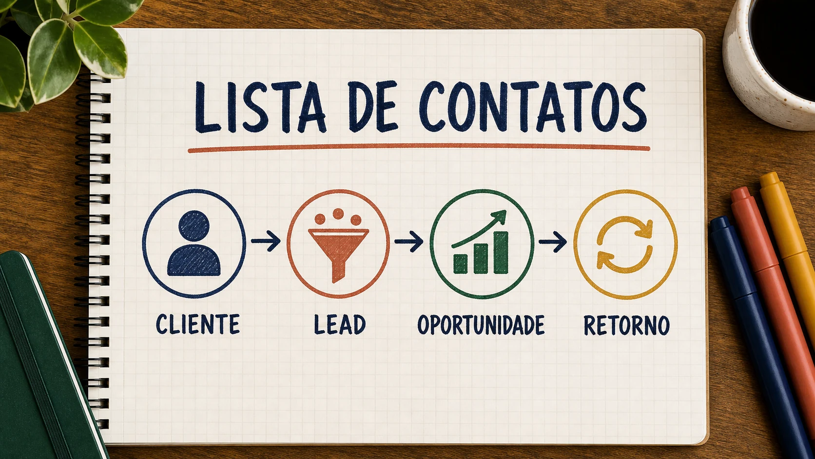 Caderno ilustrado separando clientes, leads e oportunidades numa lista de contatos para anúncios no LinkedIn.