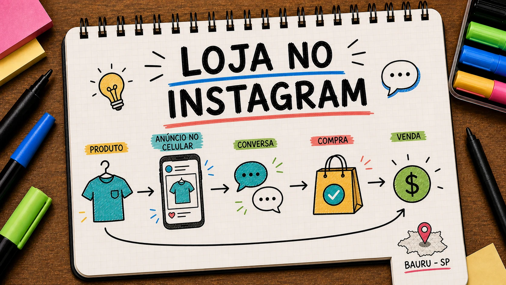 Caderno ilustrado sobre anunciar loja no Instagram, com etapas de campanha, atendimento e venda