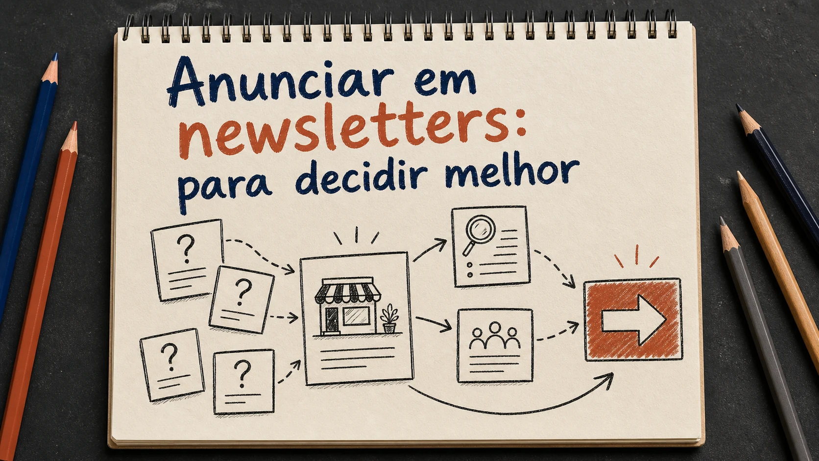 Anunciar em newsletters em uma cena editorial sobre diagnóstico, escolha e próximos passos.