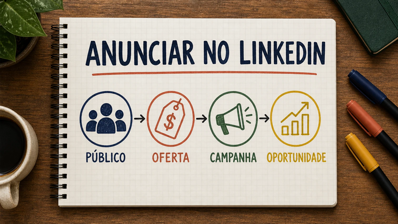 Caderno ilustrado mostrando público, oferta, anúncio e oportunidade ao anunciar no LinkedIn.