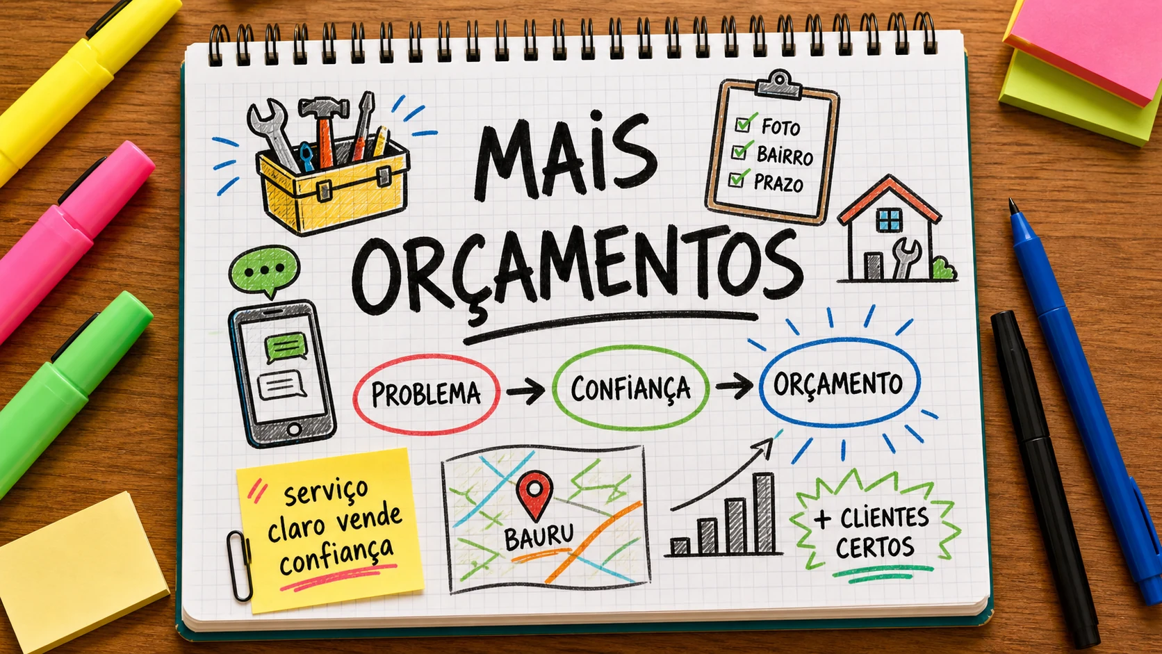 Anunciar serviço em Bauru com confiança, exemplos e pedido de orçamento claro