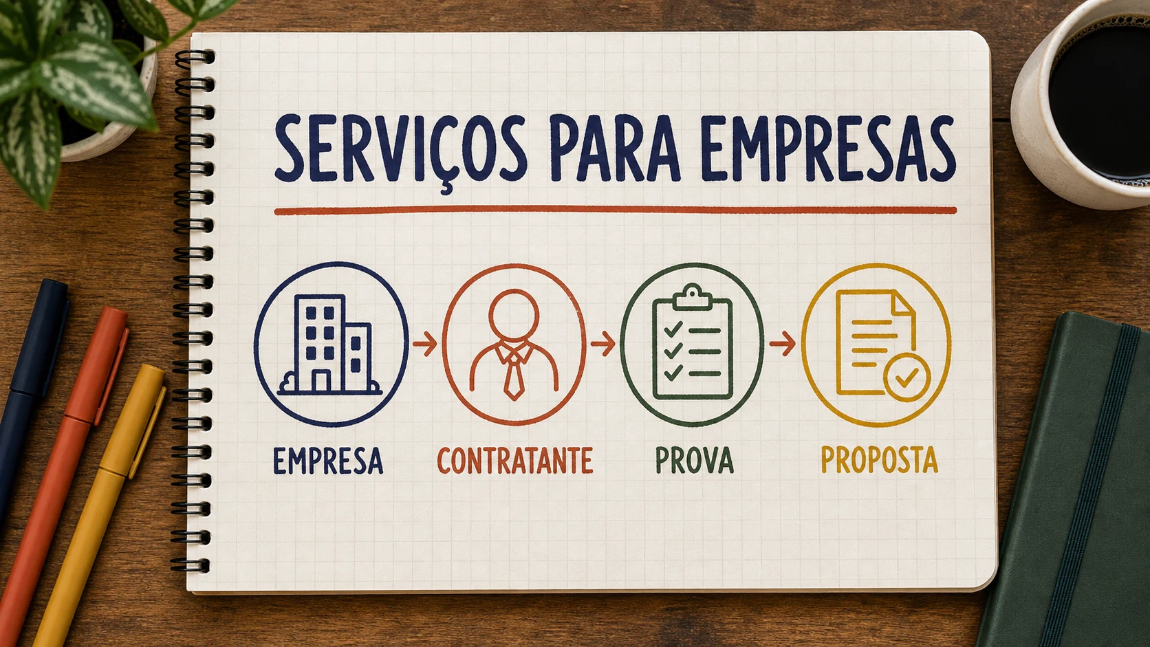 Caderno ilustrado com empresa ideal, contratante, prova e reunião em anúncios de serviços B2B.