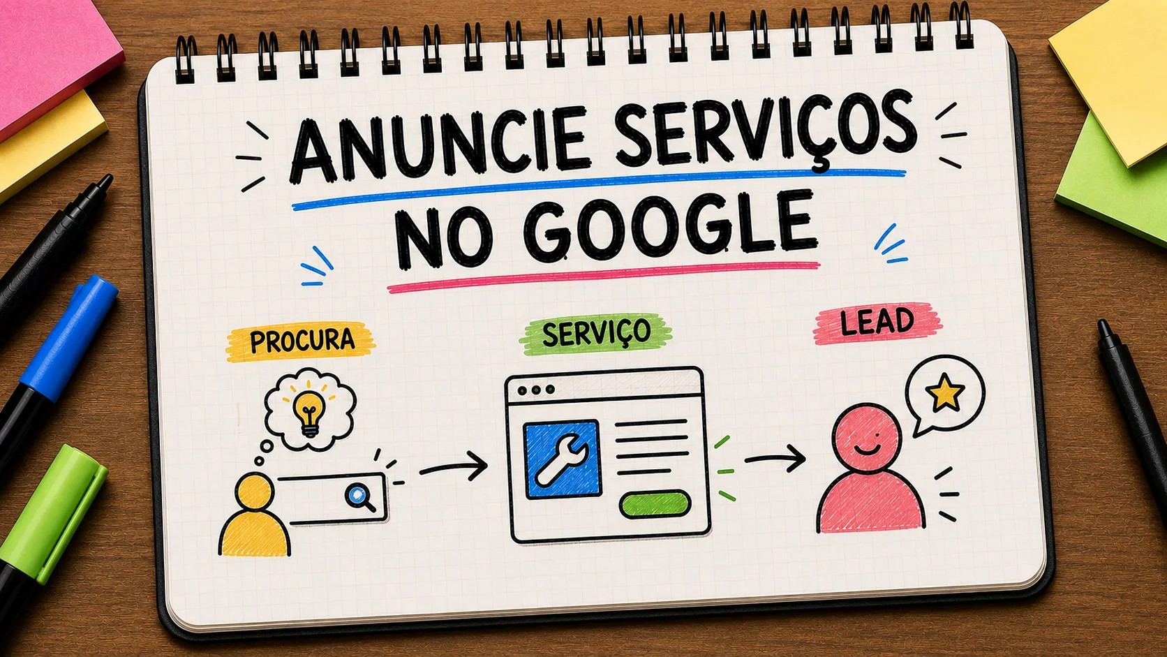 como anunciar serviços no Google representado como caminho entre anúncio, contato e