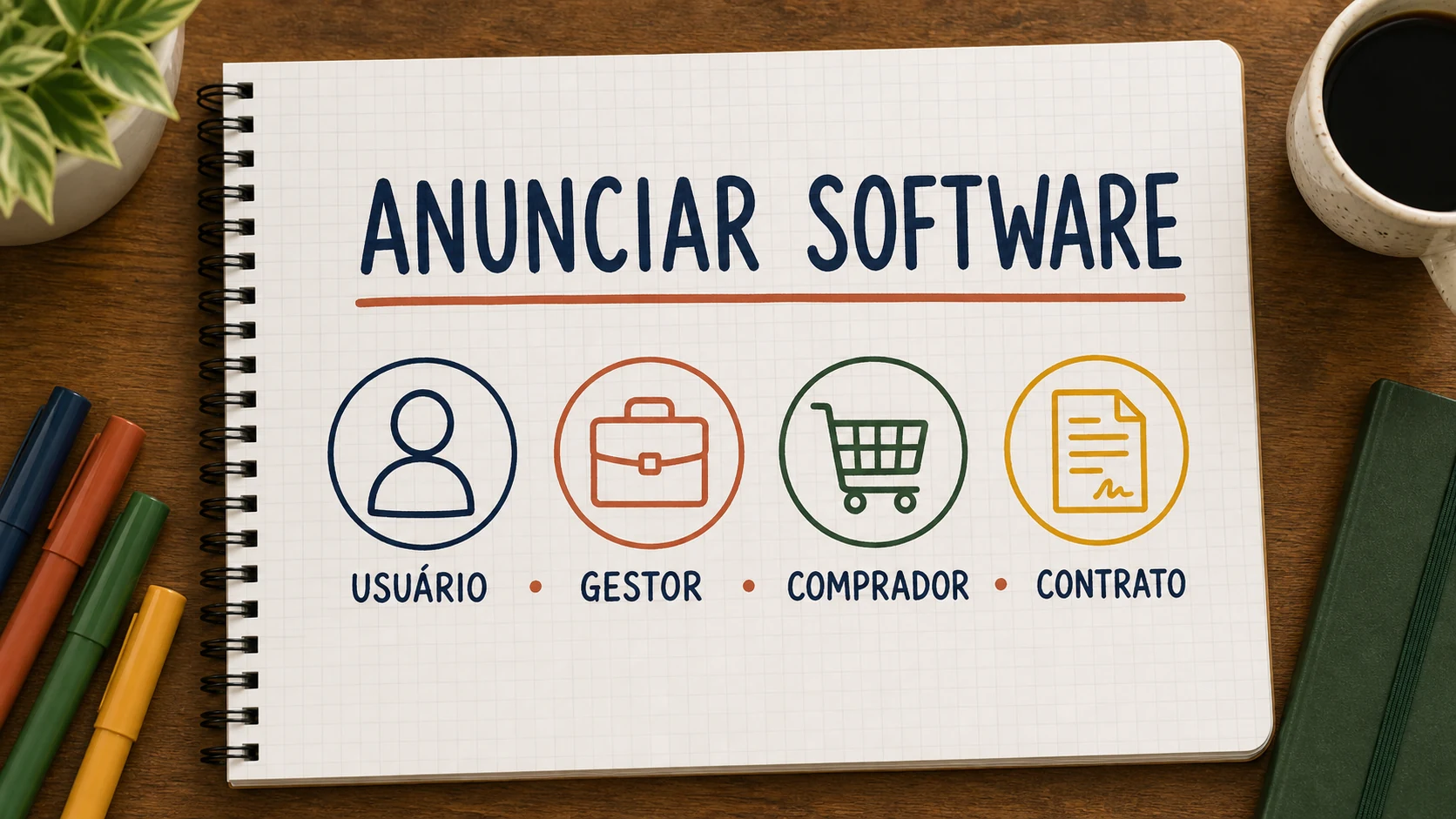 Caderno ilustrado separando usuário, gestor e comprador numa campanha de software no LinkedIn.