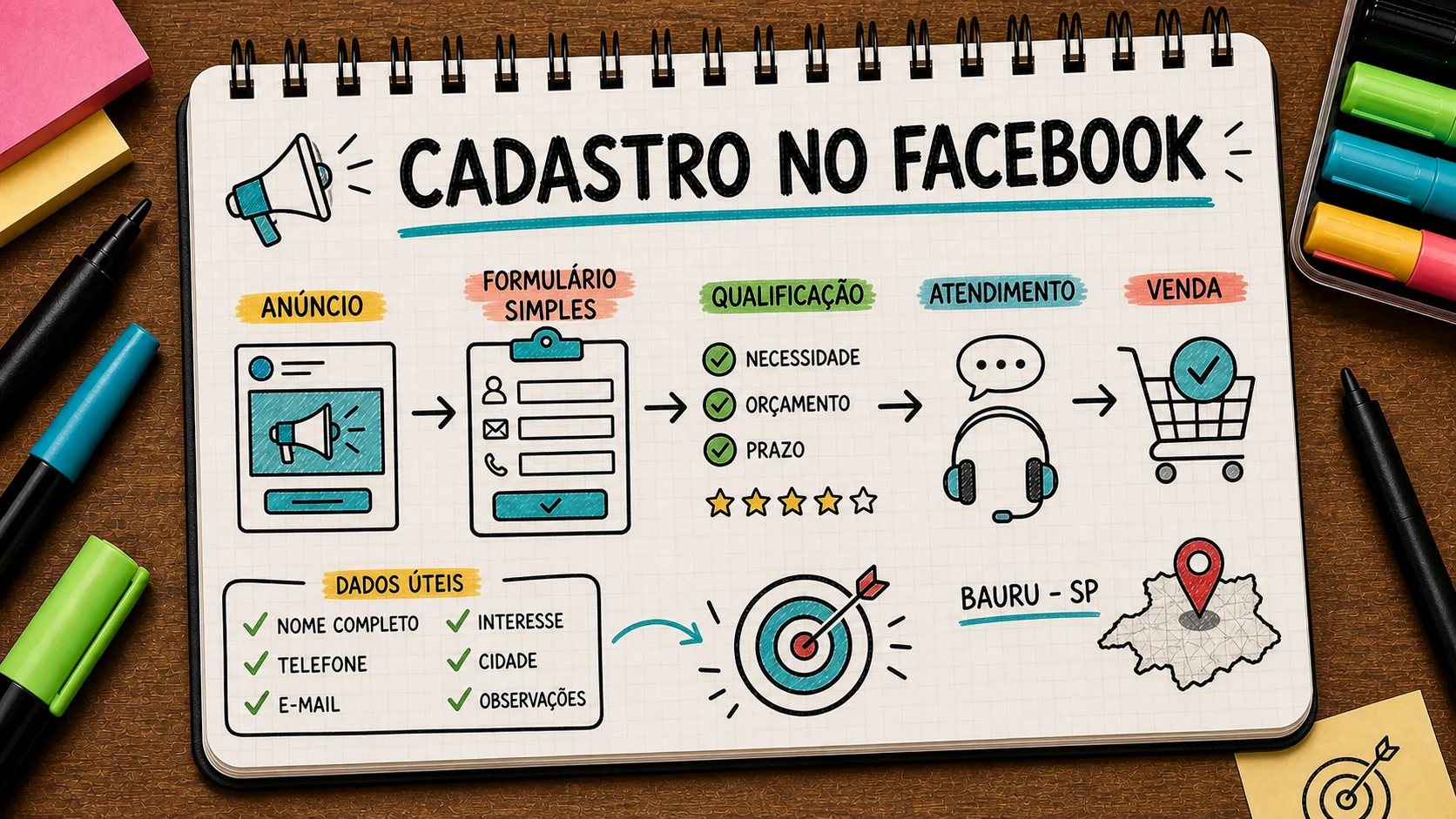 Caderno ilustrado sobre anúncio de cadastro no Facebook, com etapas de campanha, atendimento e venda