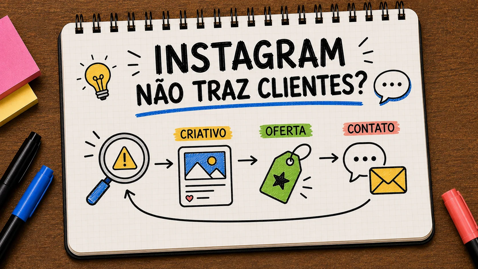anúncio Instagram não traz clientes representado como caminho entre anúncio, contato e