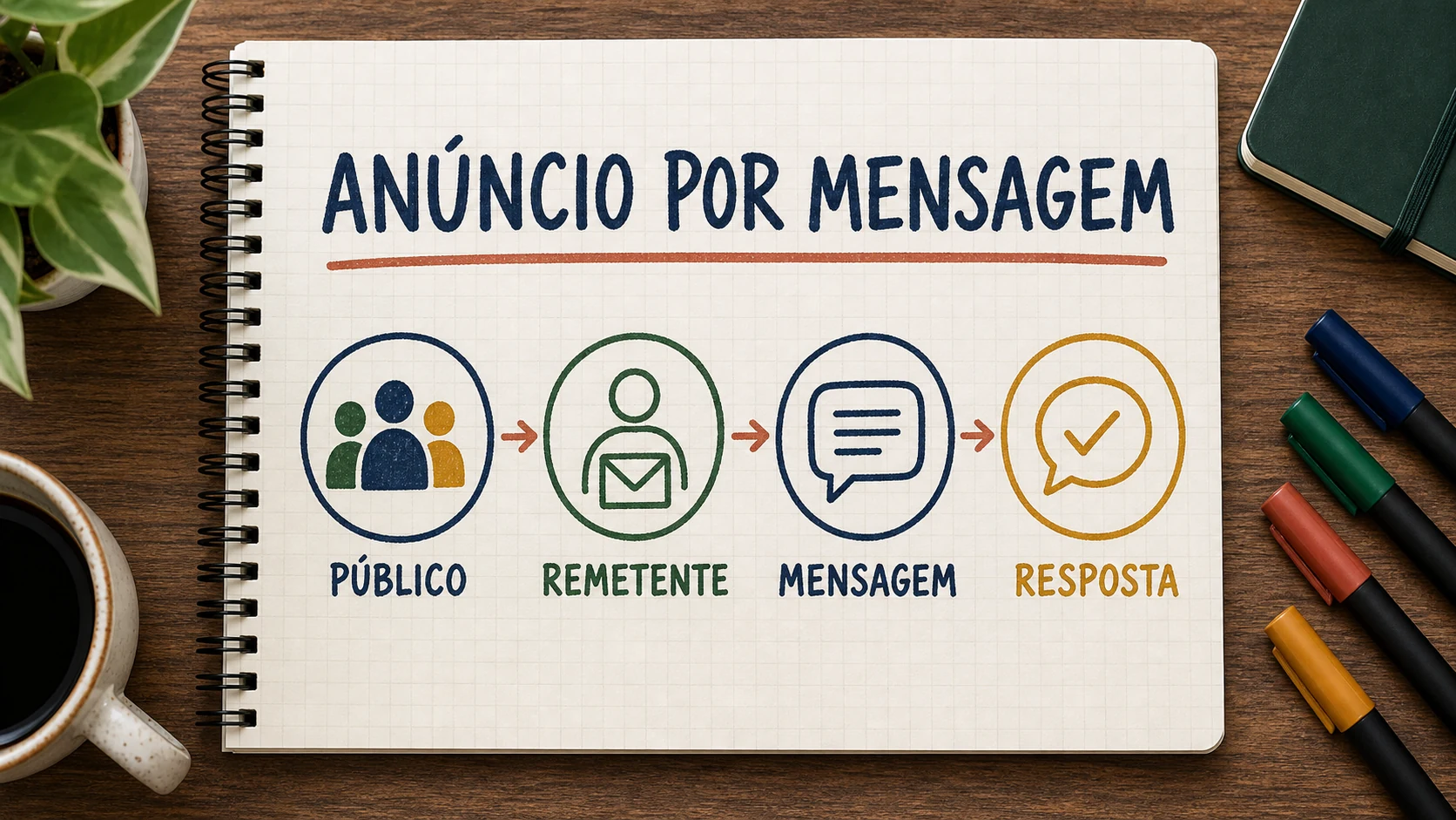 Caderno ilustrado com público, remetente, mensagem e resposta em anúncios por mensagem no LinkedIn.