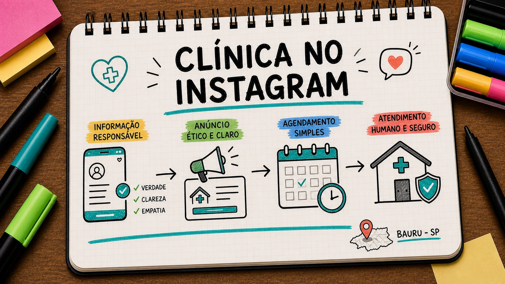 Caderno ilustrado sobre anúncios para clínica no Instagram, com etapas de campanha, atendimento e venda