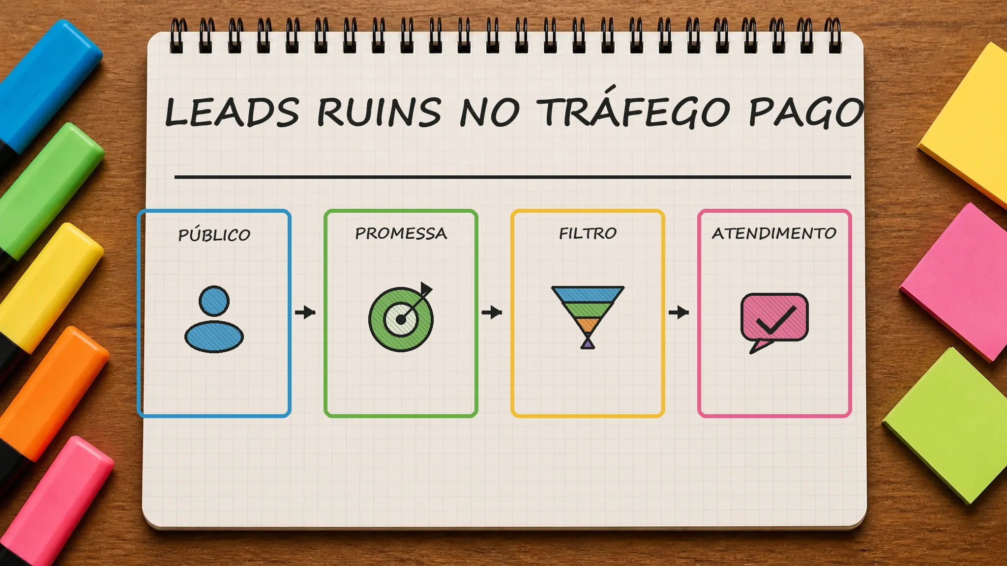 Caderno ilustrado sobre leads ruins tráfego pago, mostrando público, promessa, filtro, atendimento
