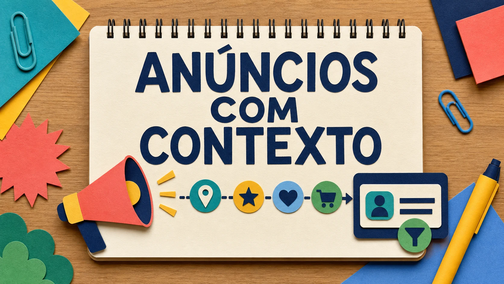 Caderno colorido com um megafone e filtros para anúncios de corretora