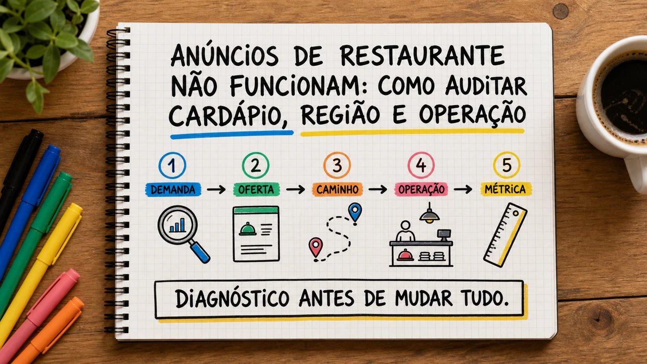 Composição editorial sobre anúncios de restaurante não funcionam conectando campanha, atendimento e resultado