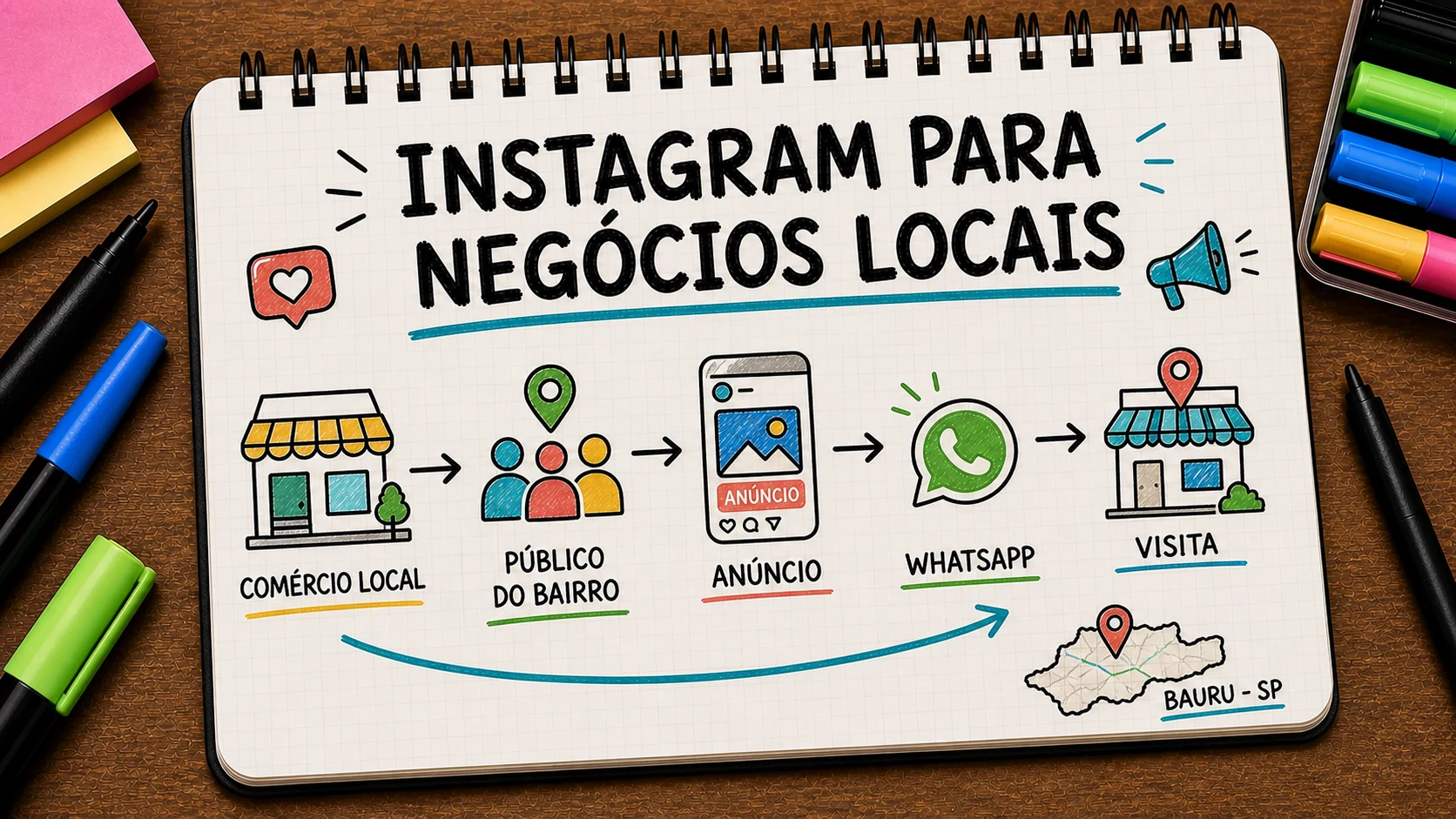 Caderno ilustrado sobre anúncios no Instagram para empresas locais, com etapas de campanha, atendimento e venda