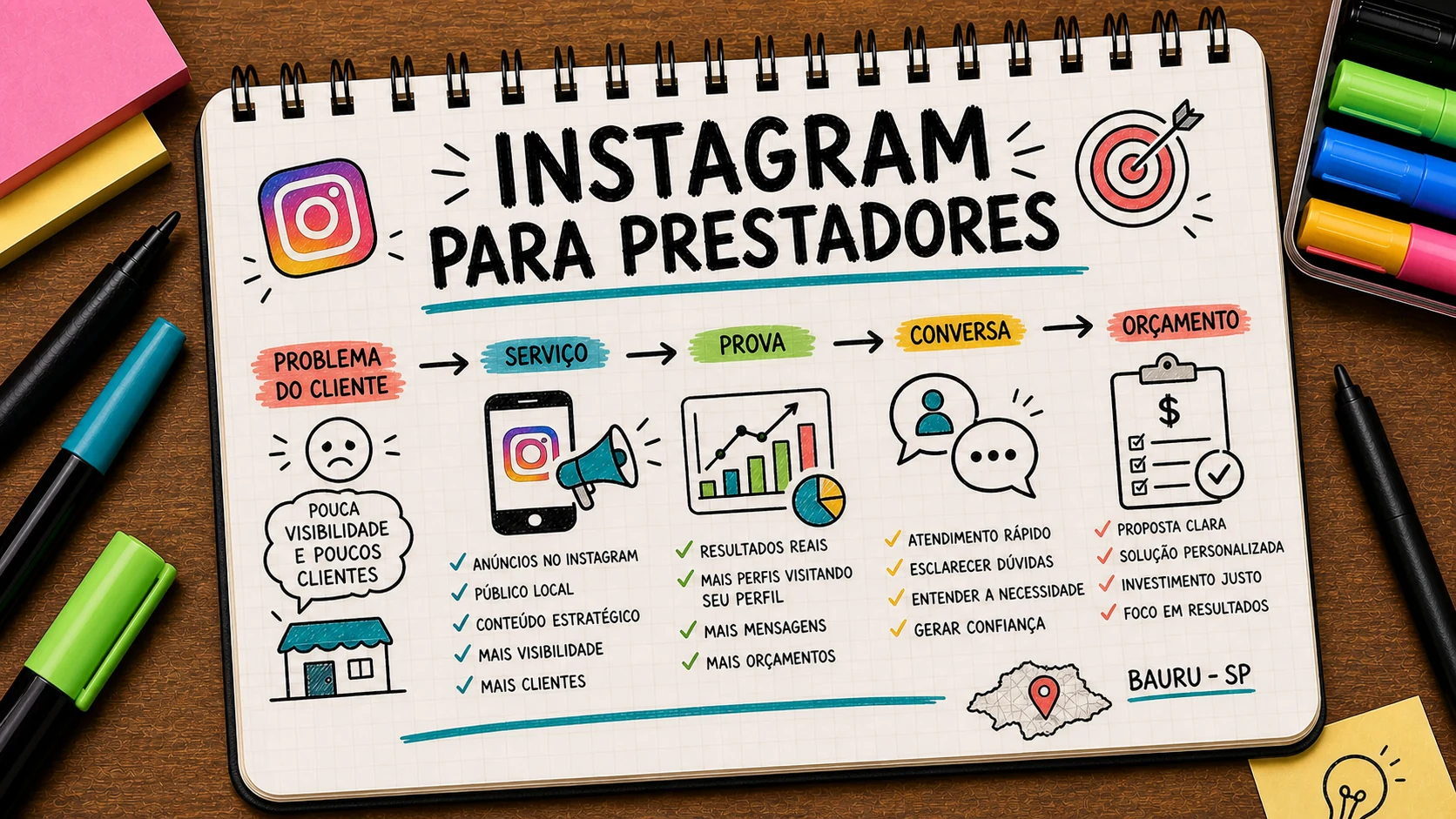 Caderno ilustrado sobre anúncios no Instagram para prestadores de serviço, com etapas de campanha, atendimento e venda