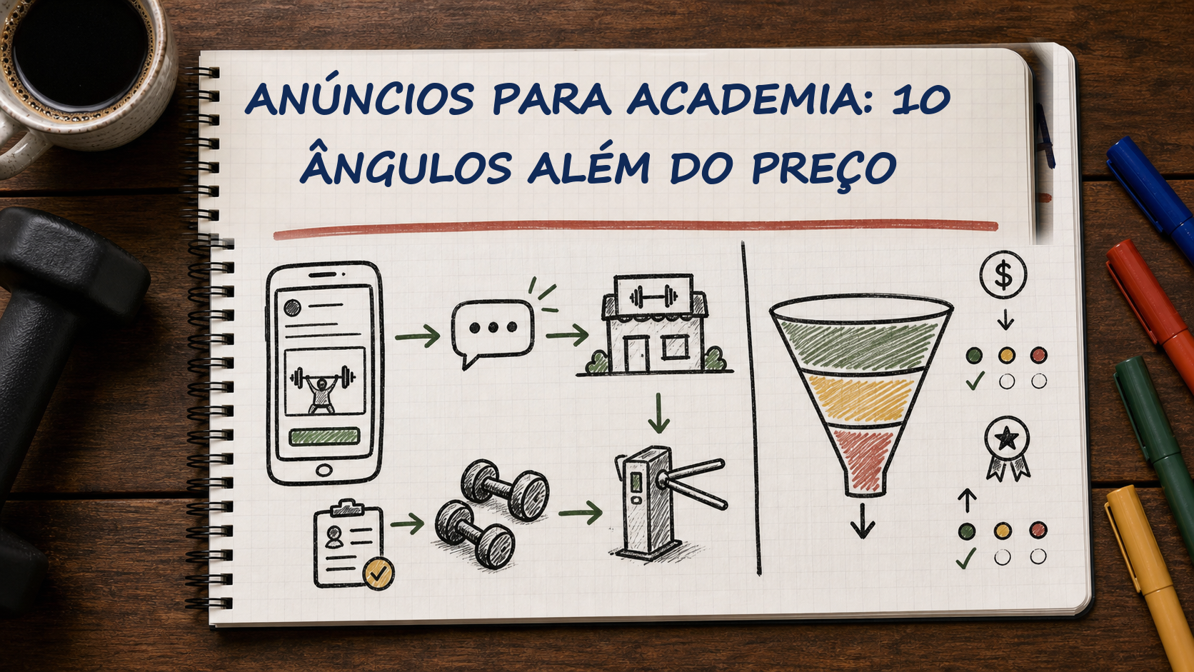 Caderno com guia visual sobre anúncios para academia para gestores de academias