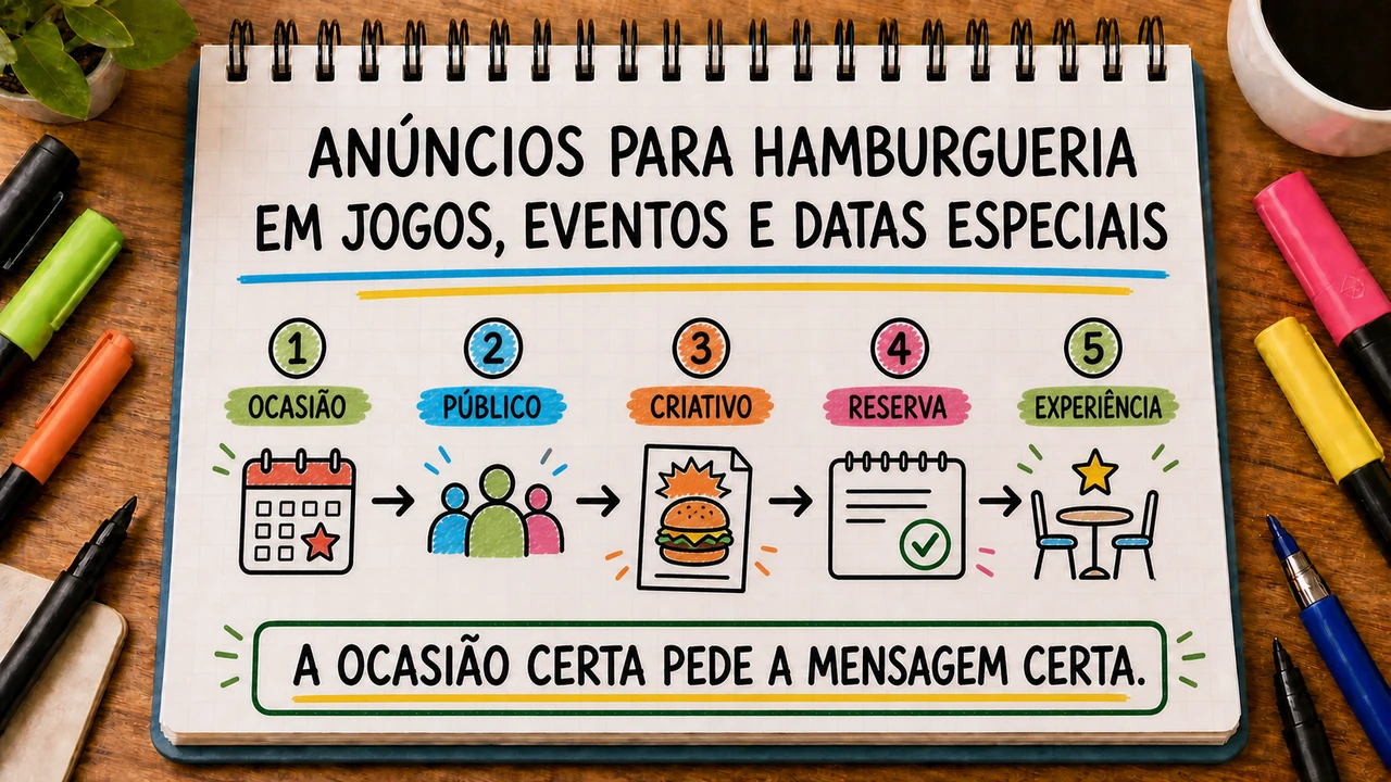 Composição editorial sobre anúncios para hamburgueria em jogos, eventos e datas especiais conectando campanha, atendimento e resultado