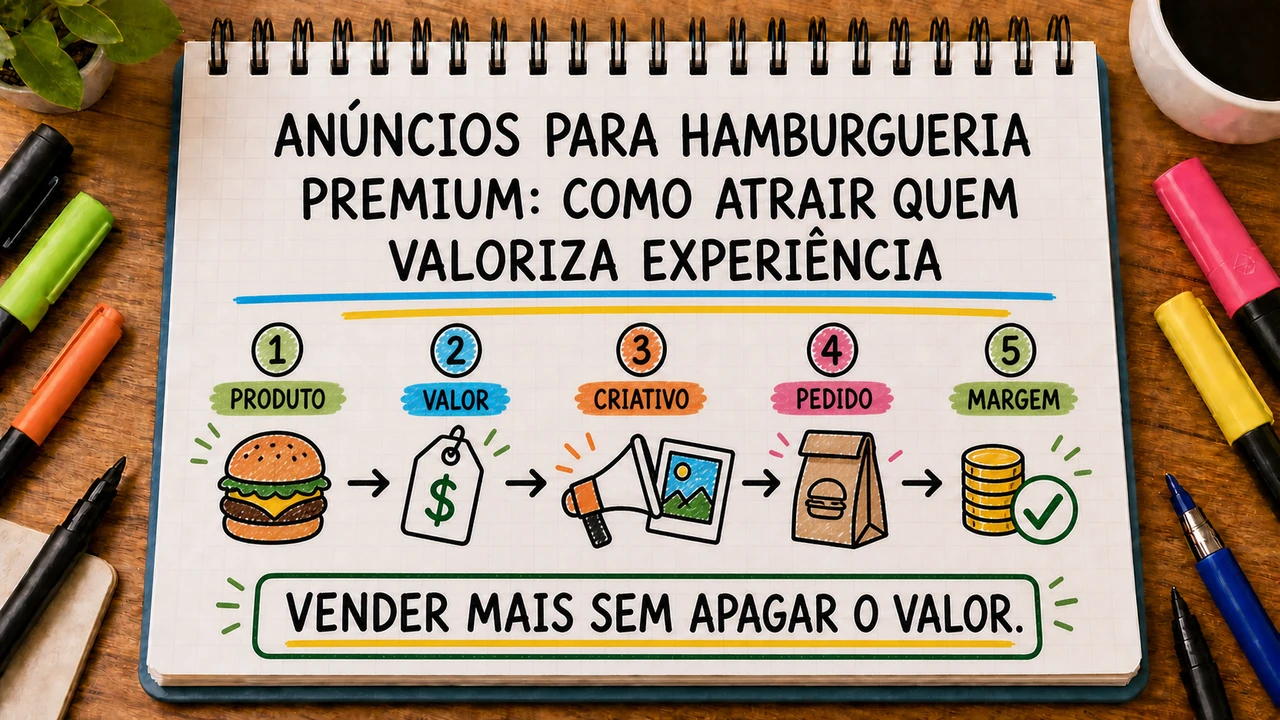 Composição editorial sobre anúncios para hamburgueria premium conectando campanha, atendimento e resultado