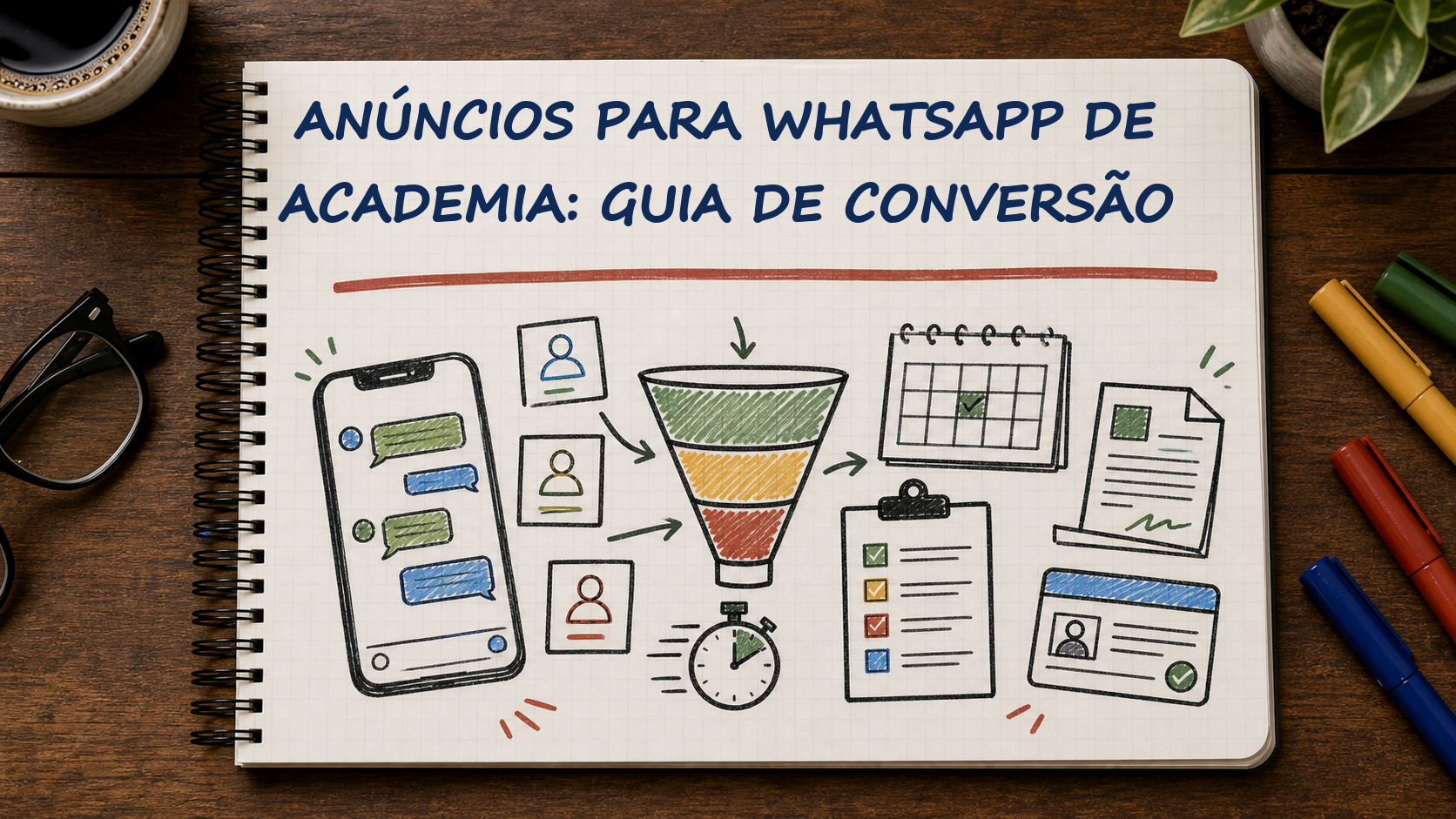 Caderno com guia visual sobre anúncios para WhatsApp academia para gestores de academias
