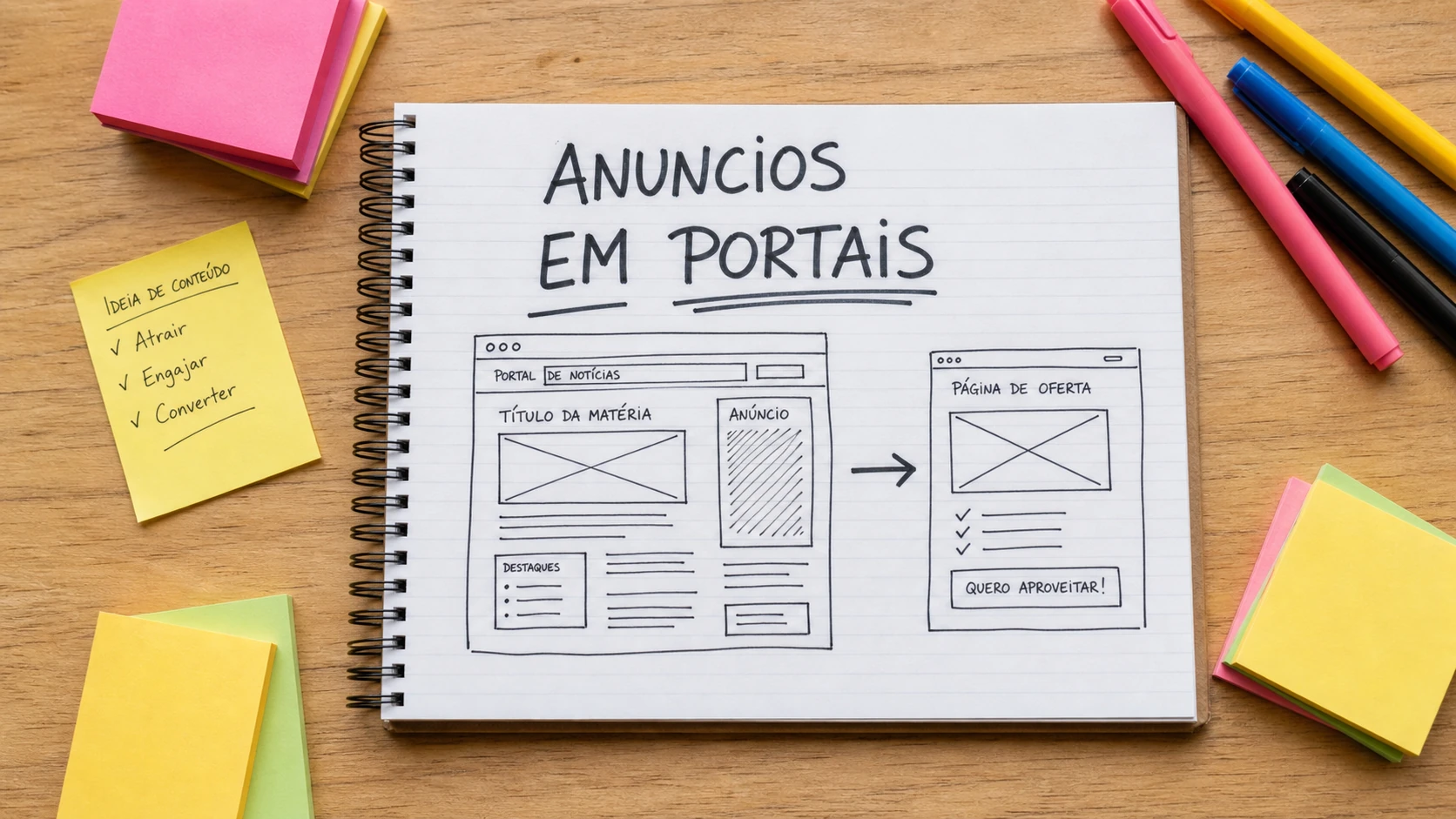 Caderno com desenho de anuncios em portais e conteudos patrocinados