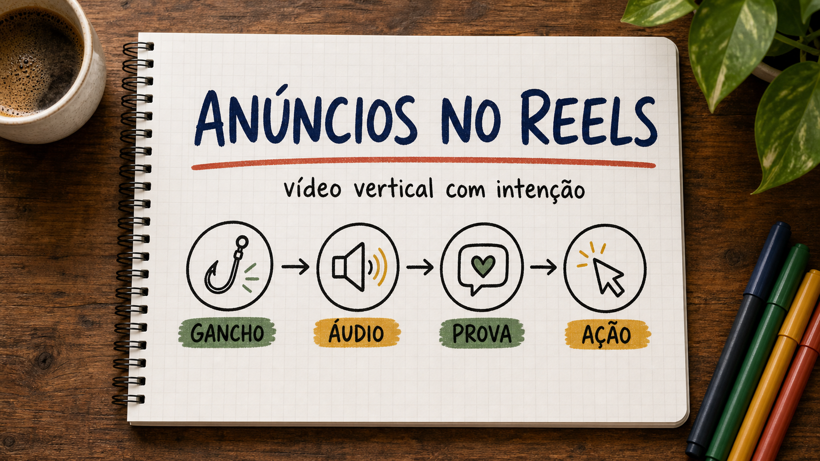 Caderno ilustrado sobre anúncios no Reels, com etapas de campanha, atendimento e venda