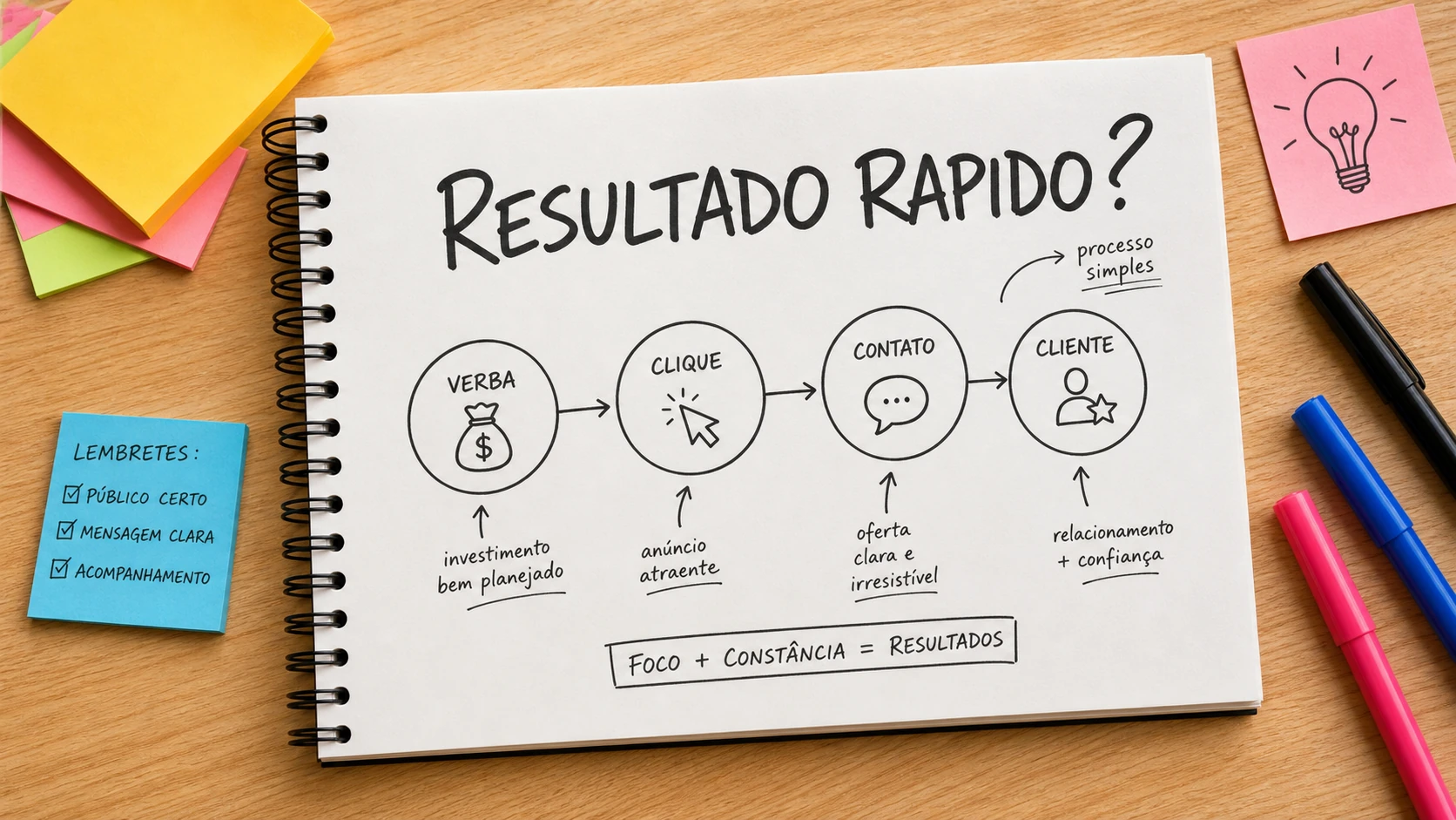 Caderno com anotacao sobre resultado rapido em anuncios online