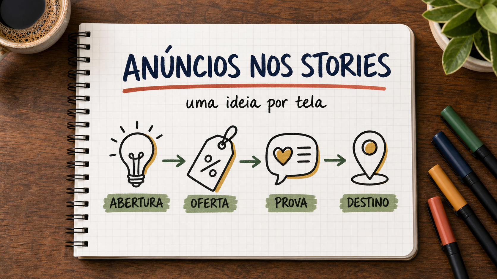 Caderno ilustrado sobre anúncios nos Stories, com etapas de campanha, atendimento e venda
