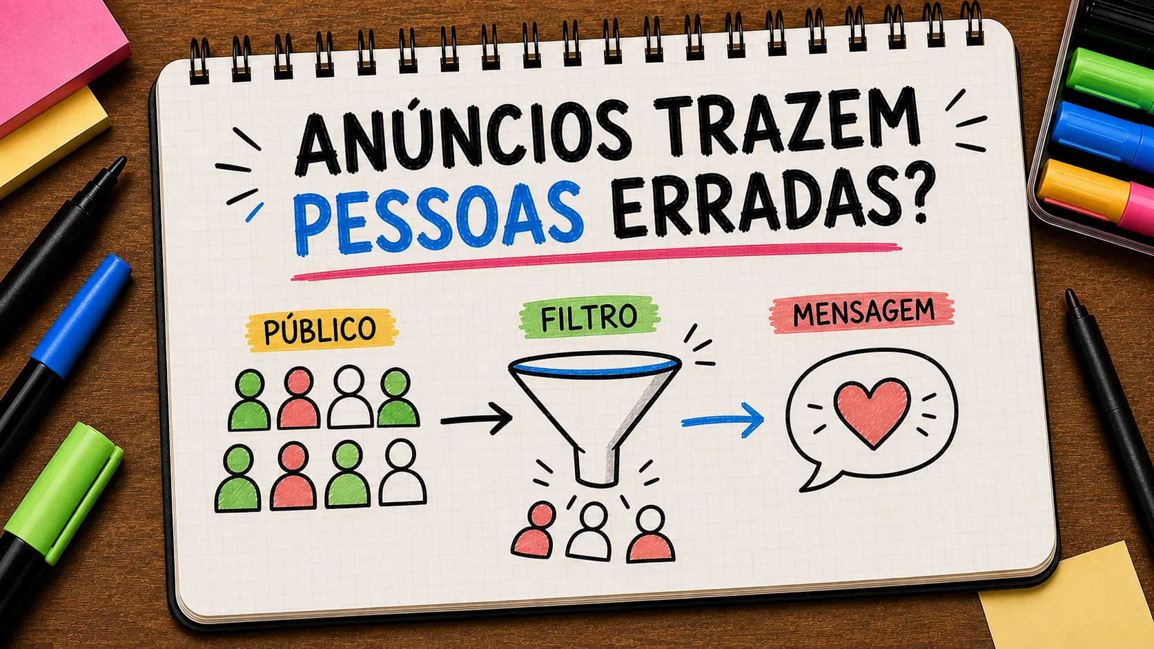 anúncios trazem clientes errados representado como caminho entre anúncio, contato e