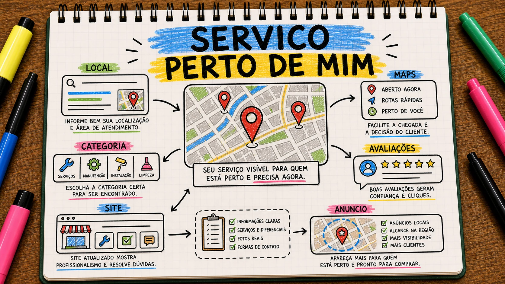 Aparecer quando procuram serviço perto de mim com mapa, avaliações e site