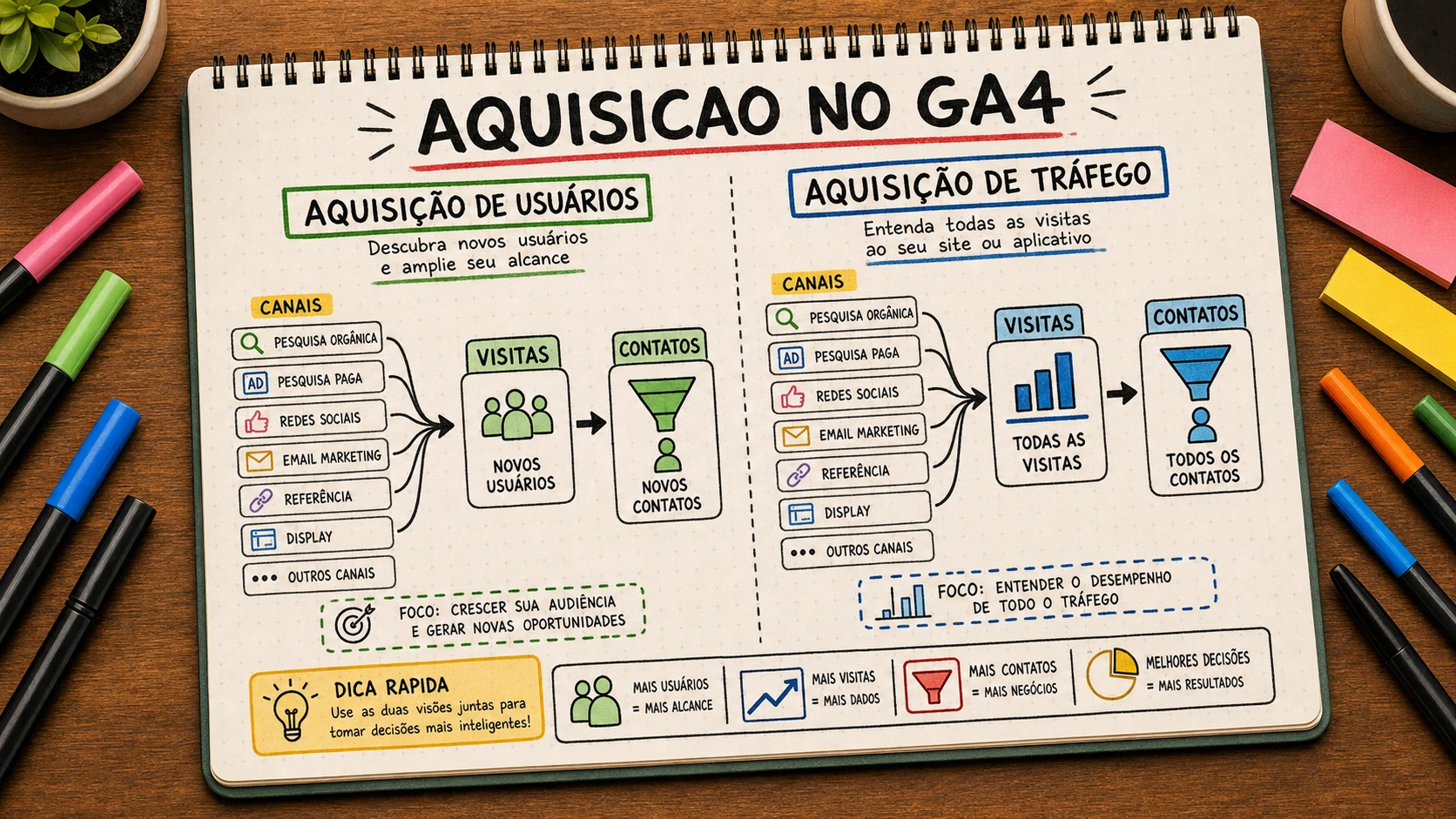 Aquisição no GA4 comparando usuários novos e tráfego com intenção de contato