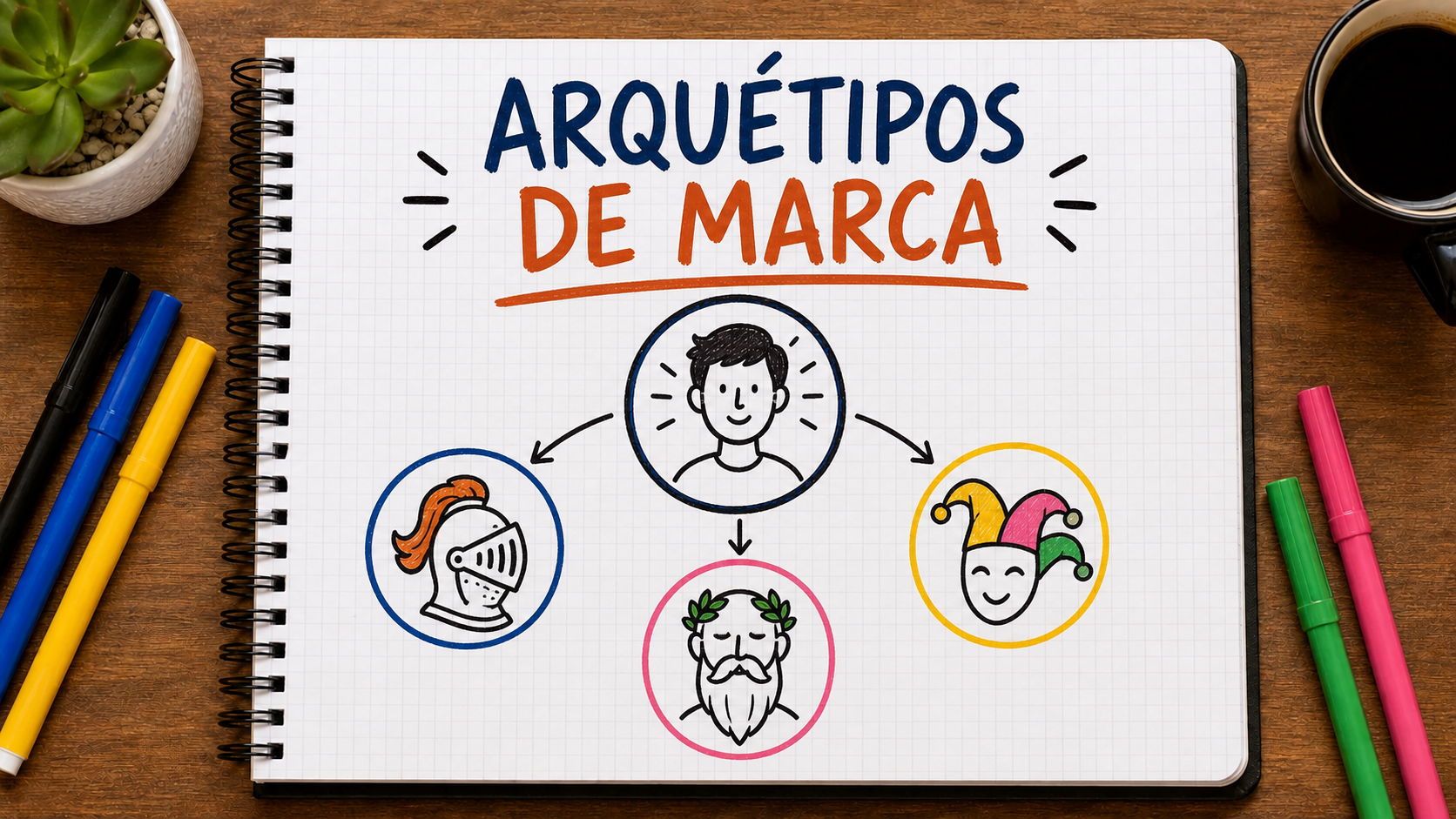 Caderno com mapa visual sobre arquétipos de marca aplicado à estratégia de marketing