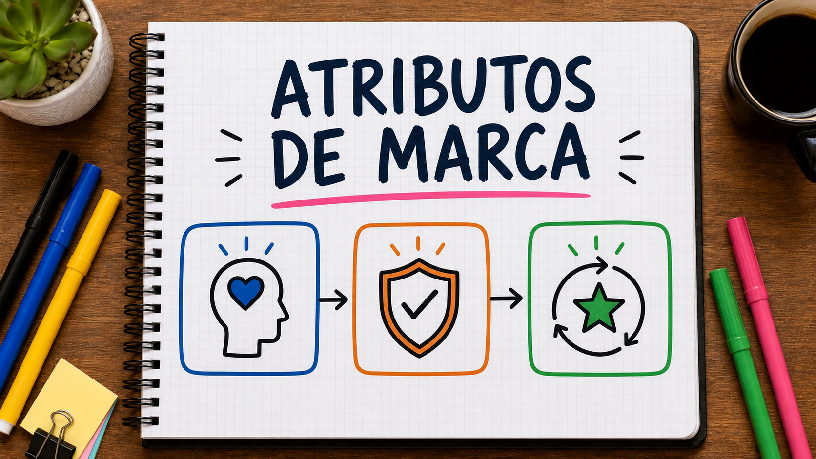 Caderno com mapa visual sobre atributos de marca aplicado à estratégia de marketing