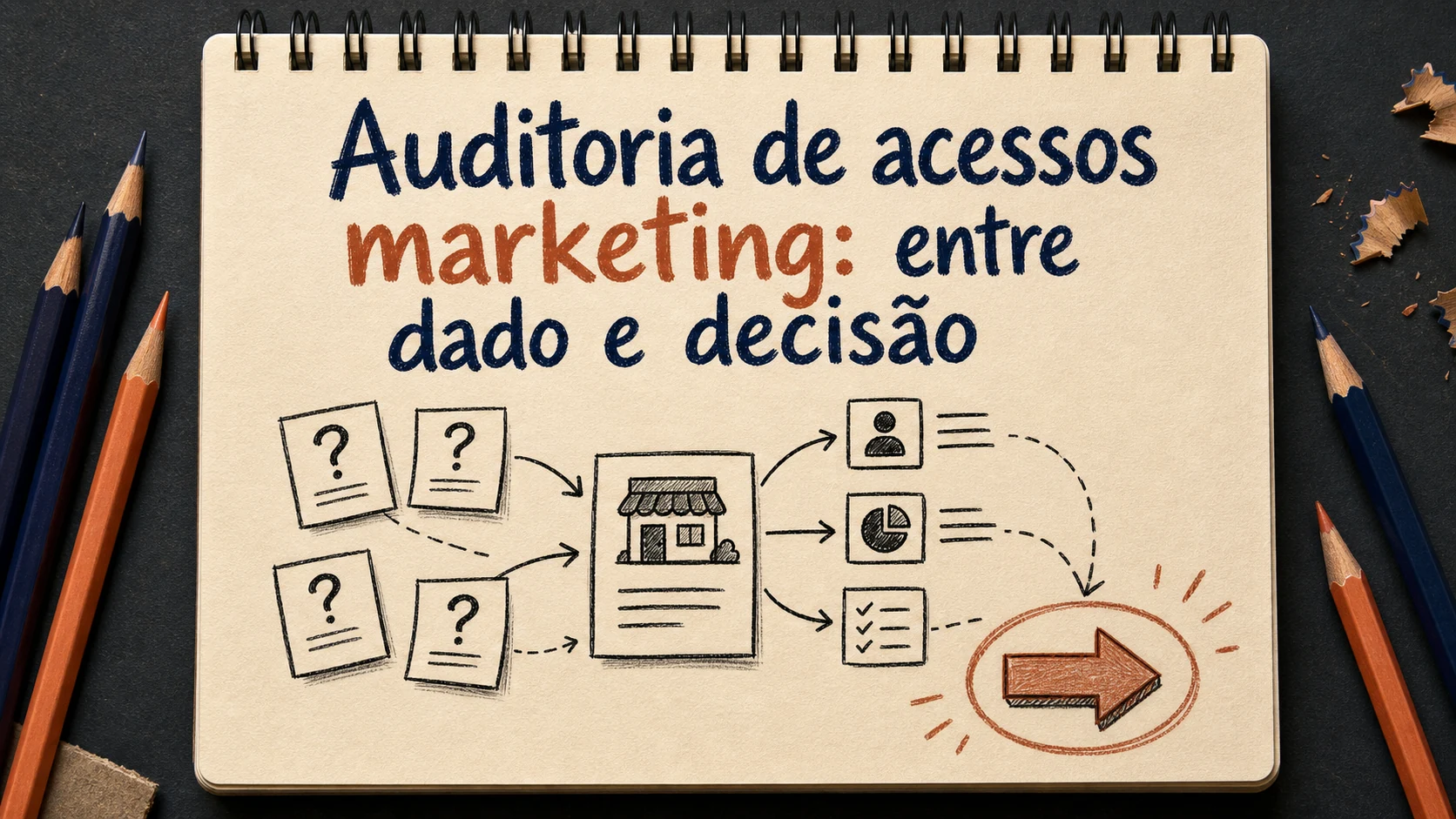 Auditoria de acessos marketing em uma cena editorial sobre diagnóstico, escolha e próximos passos.