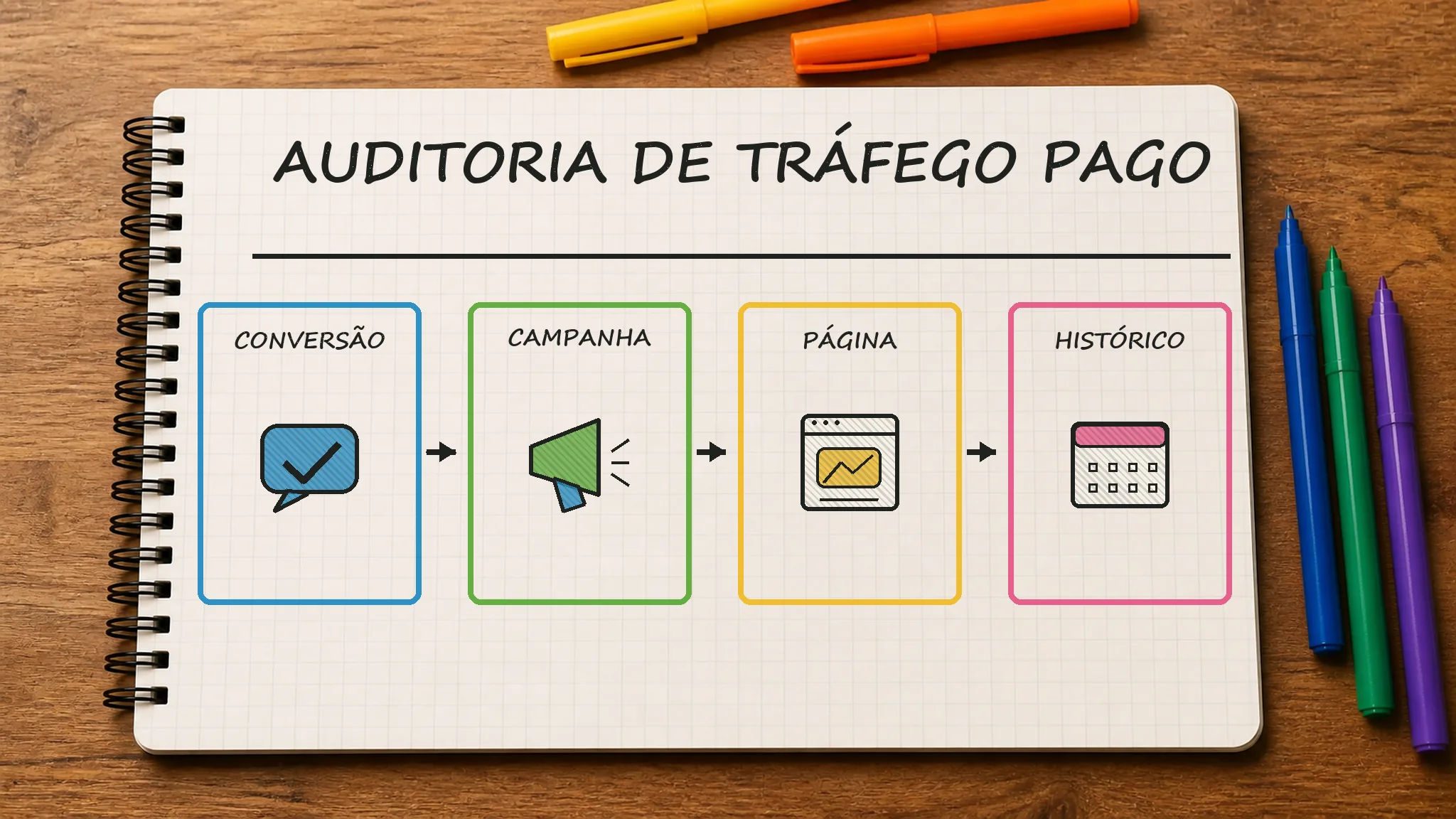 Caderno ilustrado sobre auditoria de tráfego pago, mostrando conversão, campanha, página, histórico