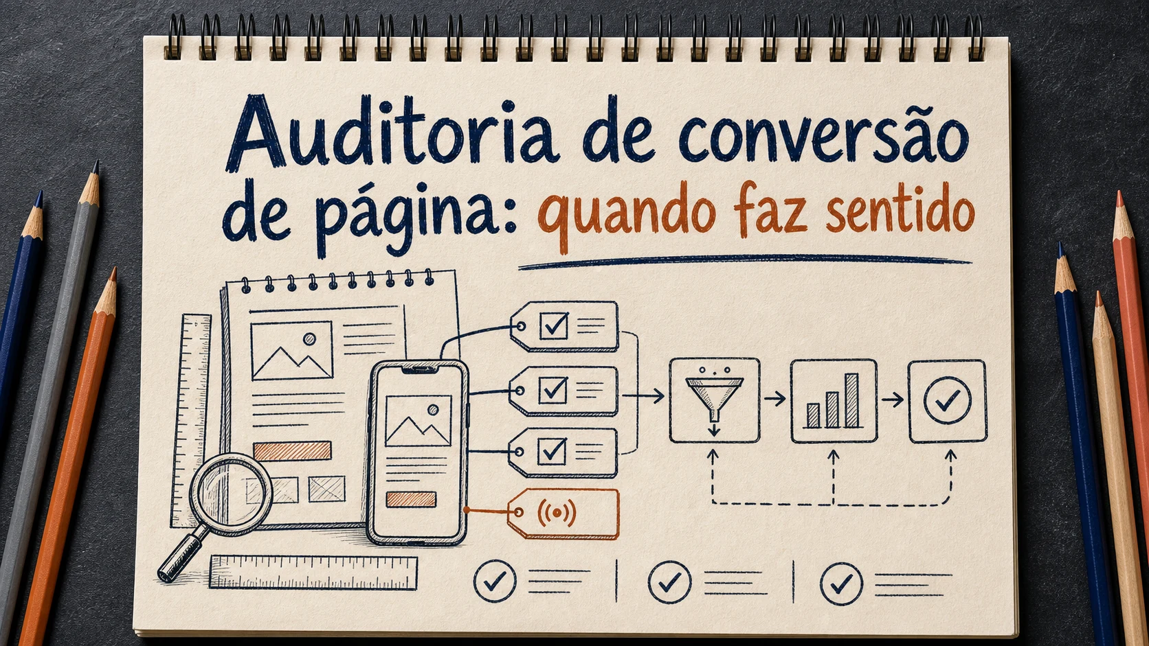 Auditoria de conversão de página em uma cena editorial sobre diagnóstico, escolha e próximos passos.