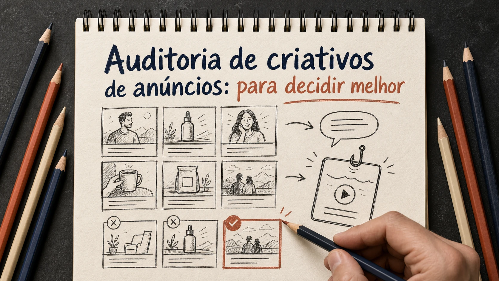 Auditoria de criativos de anúncios em uma cena editorial sobre diagnóstico, escolha e próximos passos.